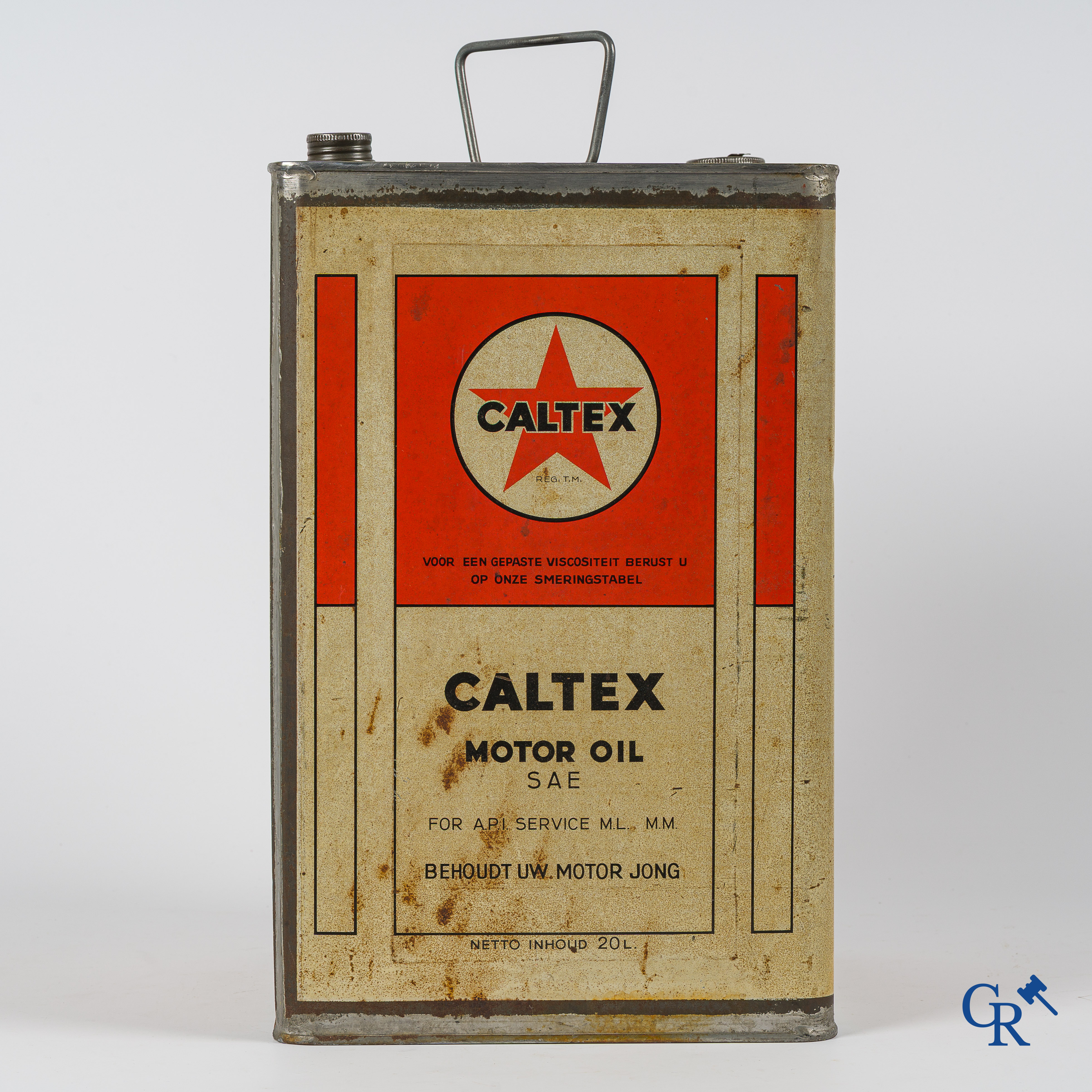 Caltex Motor Oil, Groot olieblik, 20L. Zeldzame Belgische uitvoering. "Behoudt uw motor jong". Jaren '40.