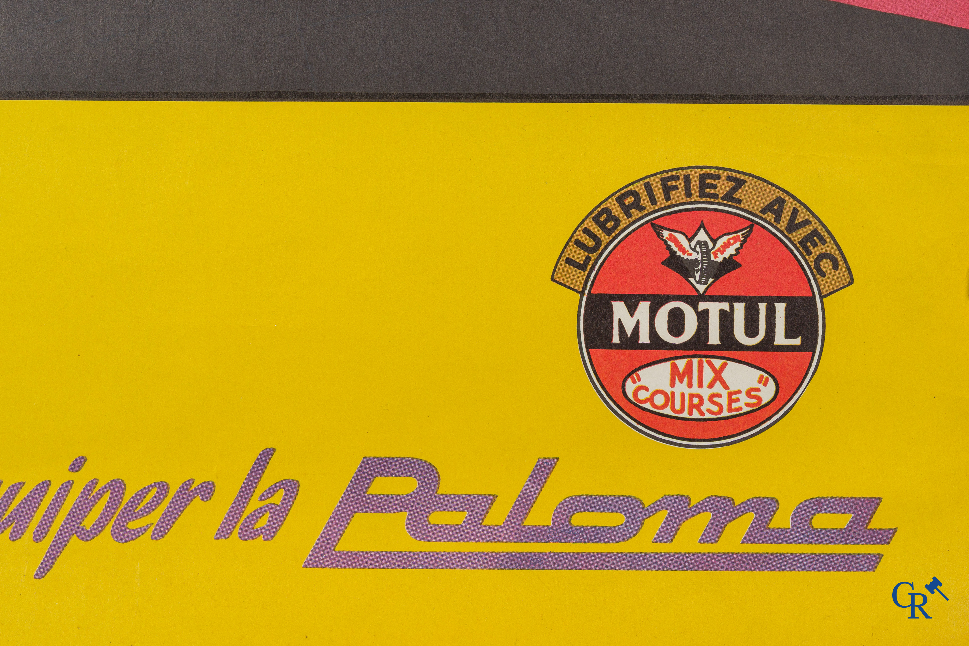 Cyclomoteurs Paloma. Jaren '60  affiche voor bromfietsen. Affiche gedrukt in samenwerking met Englebert banden en Motul.