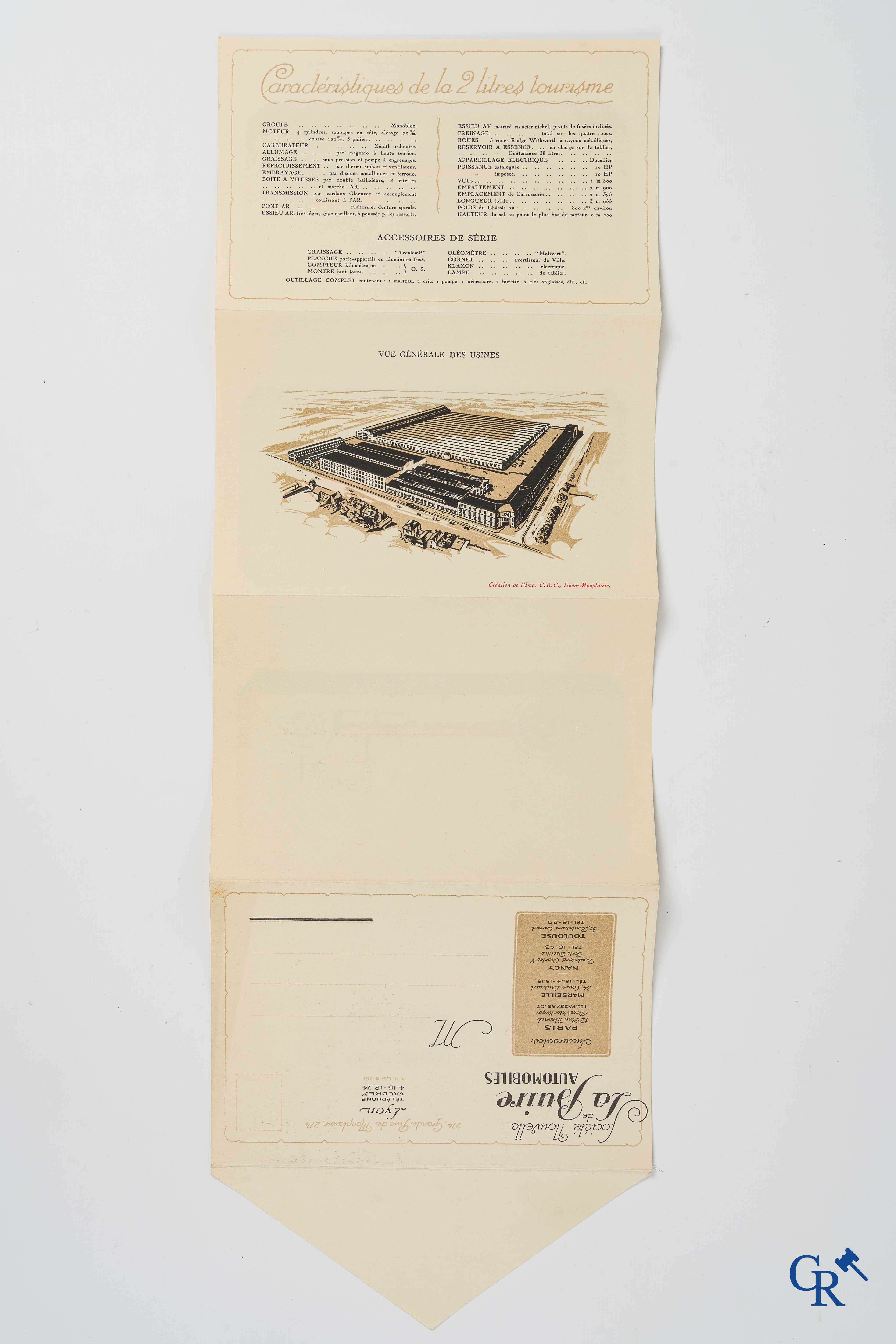 La Buire Automobiles, Uitzonderlijk opvouwbare publiciteitsenveloppe en een folder met prijslijst. 1924-1926.