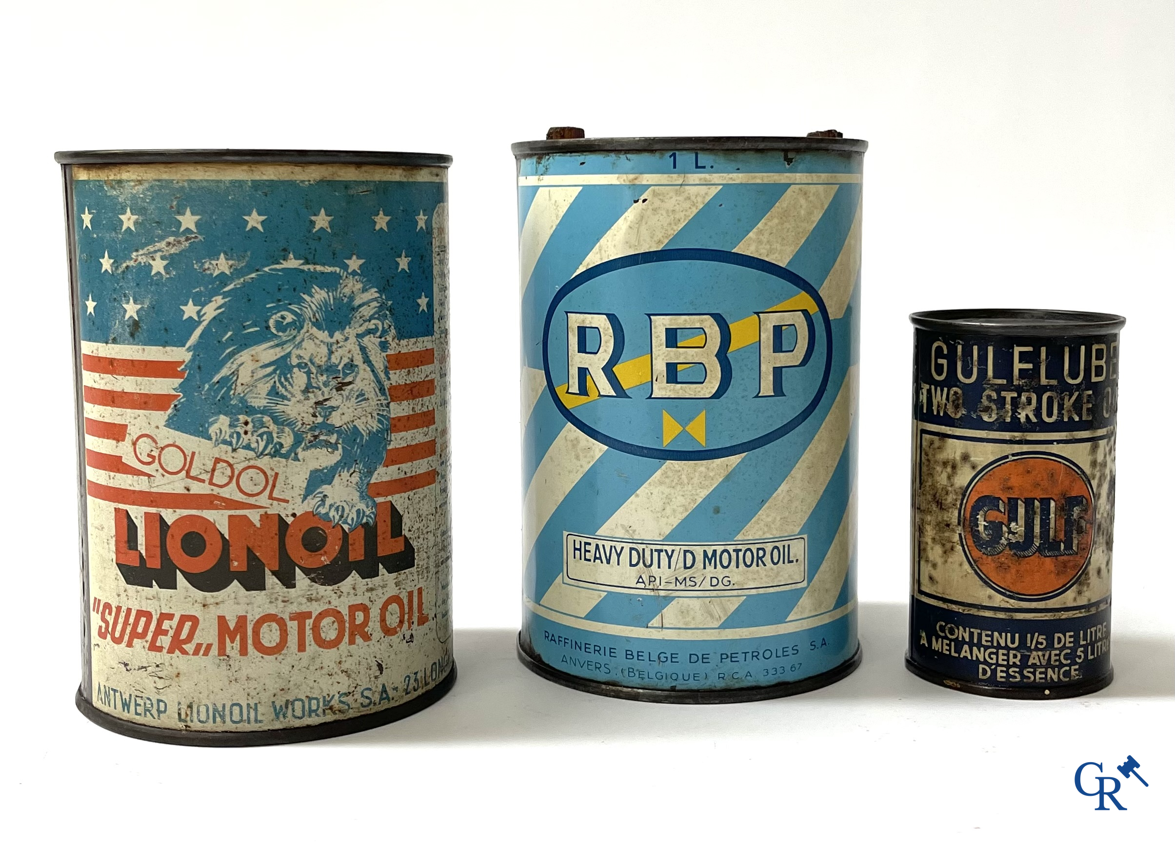 Automobilia. 8 Olieblikken. Atlantic, Cotriol Sport, Denicol, Gulf, Neveol Trading, Yacco, RBP. Jaren '40-'50.