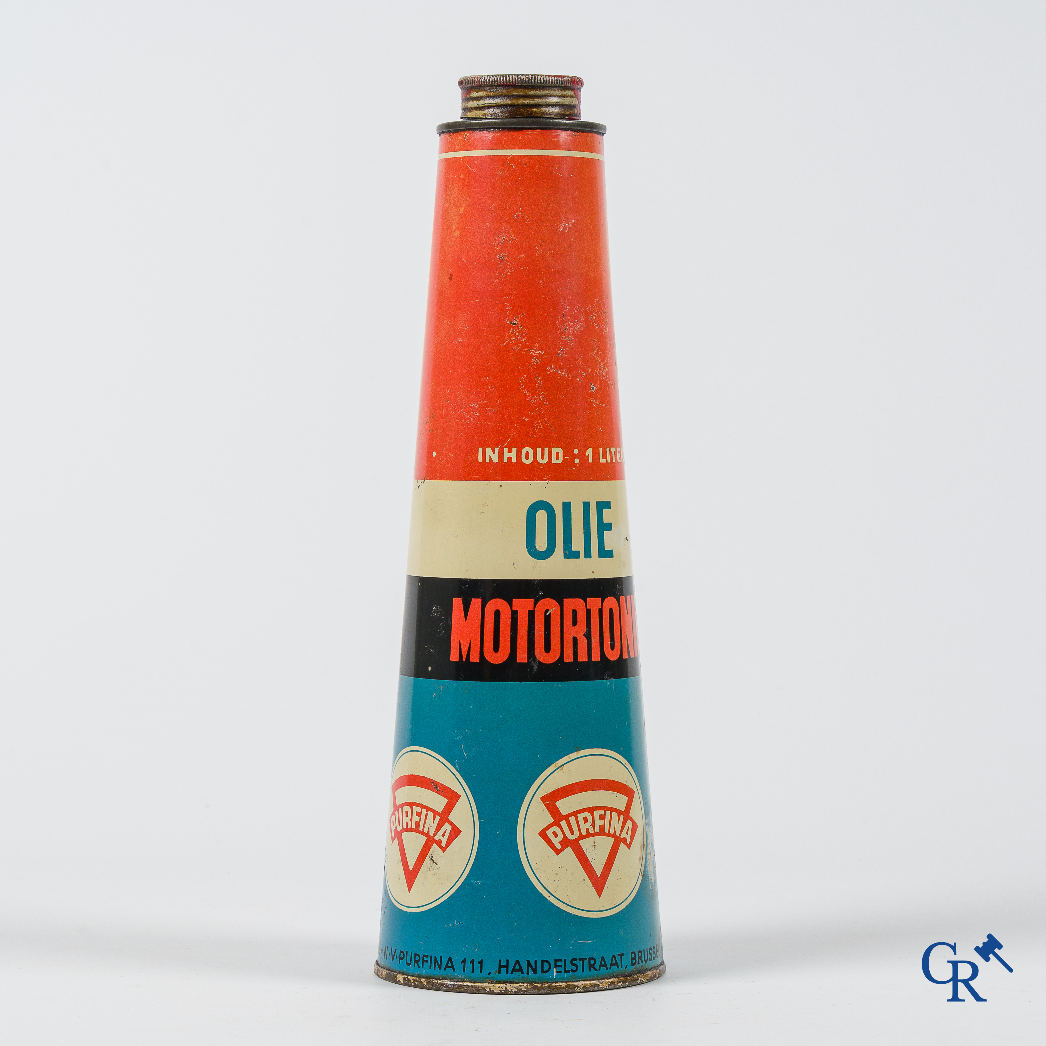 Purfina, conisch olieblik 1 Liter. Olie Motortonic. N.V. Purfina, 111 Handelstraat Brussel.