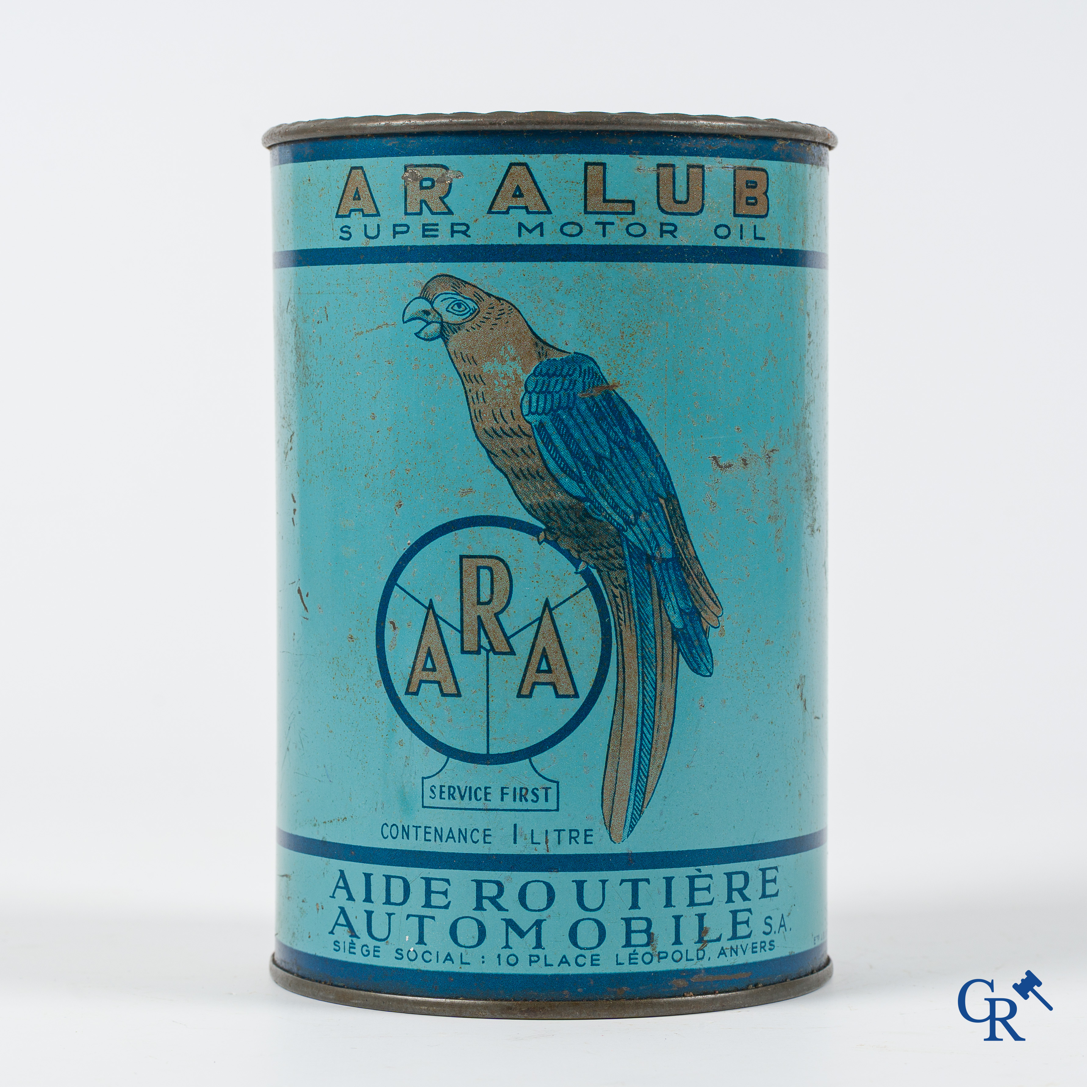 ARALUB. Aide Routière Automobile S.A. Olieblik 1L. Ets. J.B. Gabriels Bruxelles. Jaren '40.