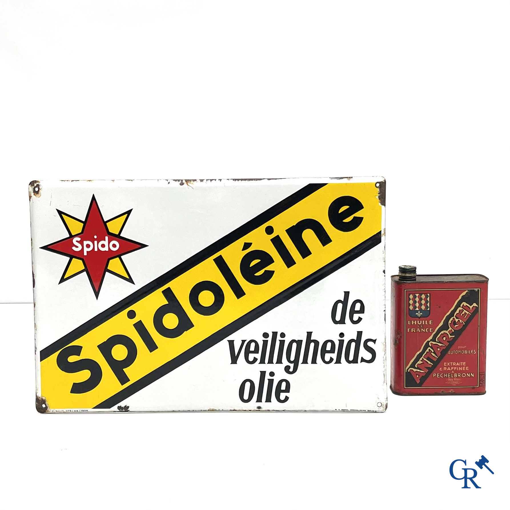 Spidoléine. Emaille reclamebord voor Spido oliën, zeldzame nederlandstalige versie. 1935.