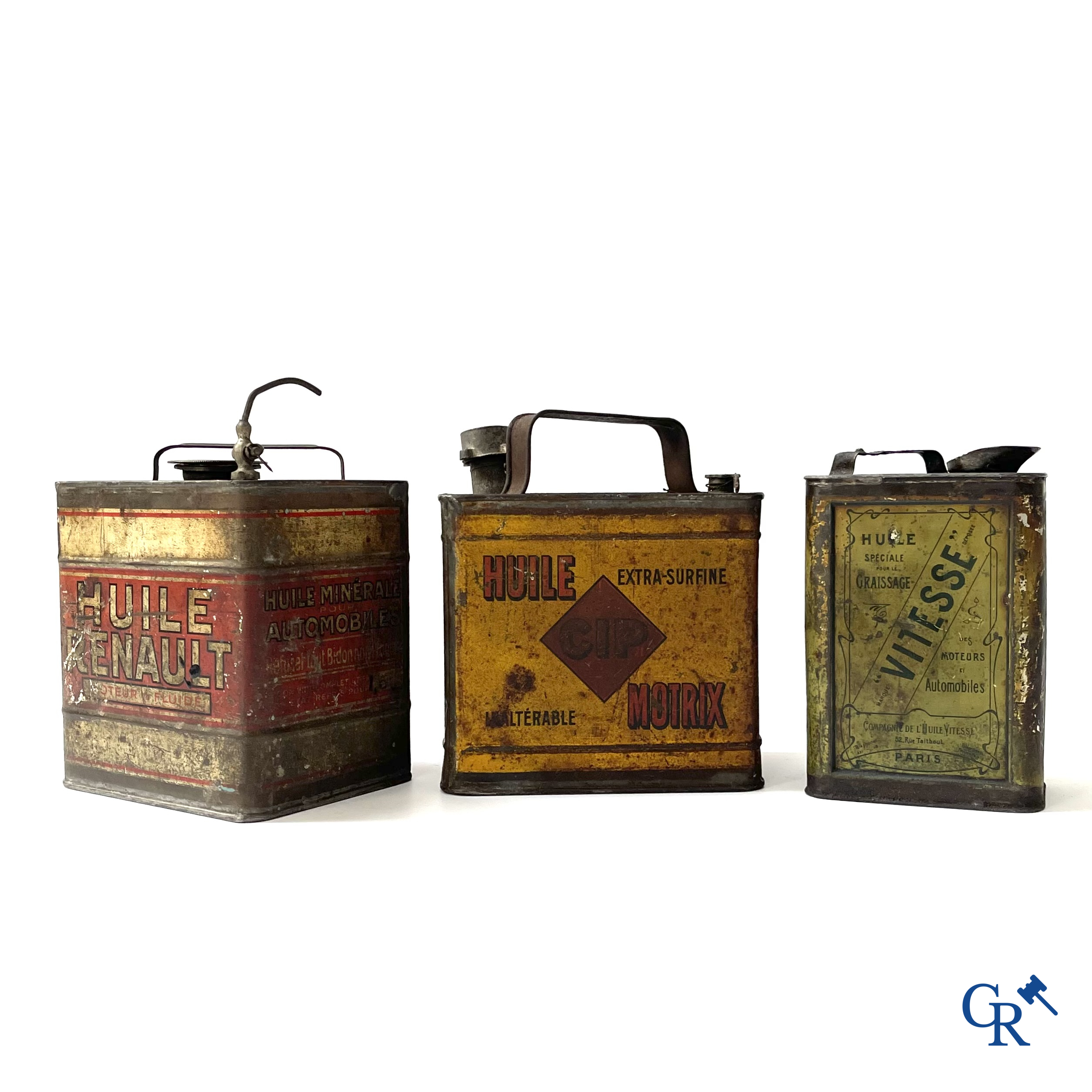 Automobilia. 3 vroege olieblikken voor motorolie. Huile Renault, Huile CIP Motrix, Huile Vitesse. Circa 1920.