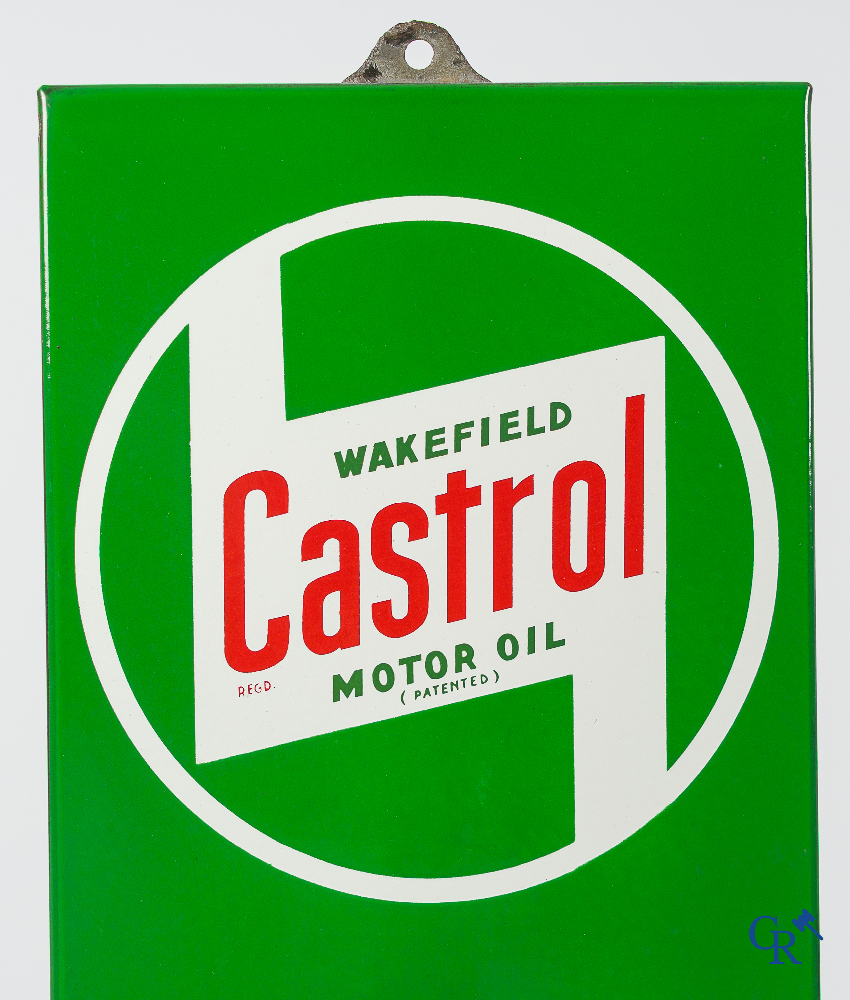 Castrol Motor Oil. Emaille reclamebord met ingewerkte thermometer voor Castrol motorolie. 1961.