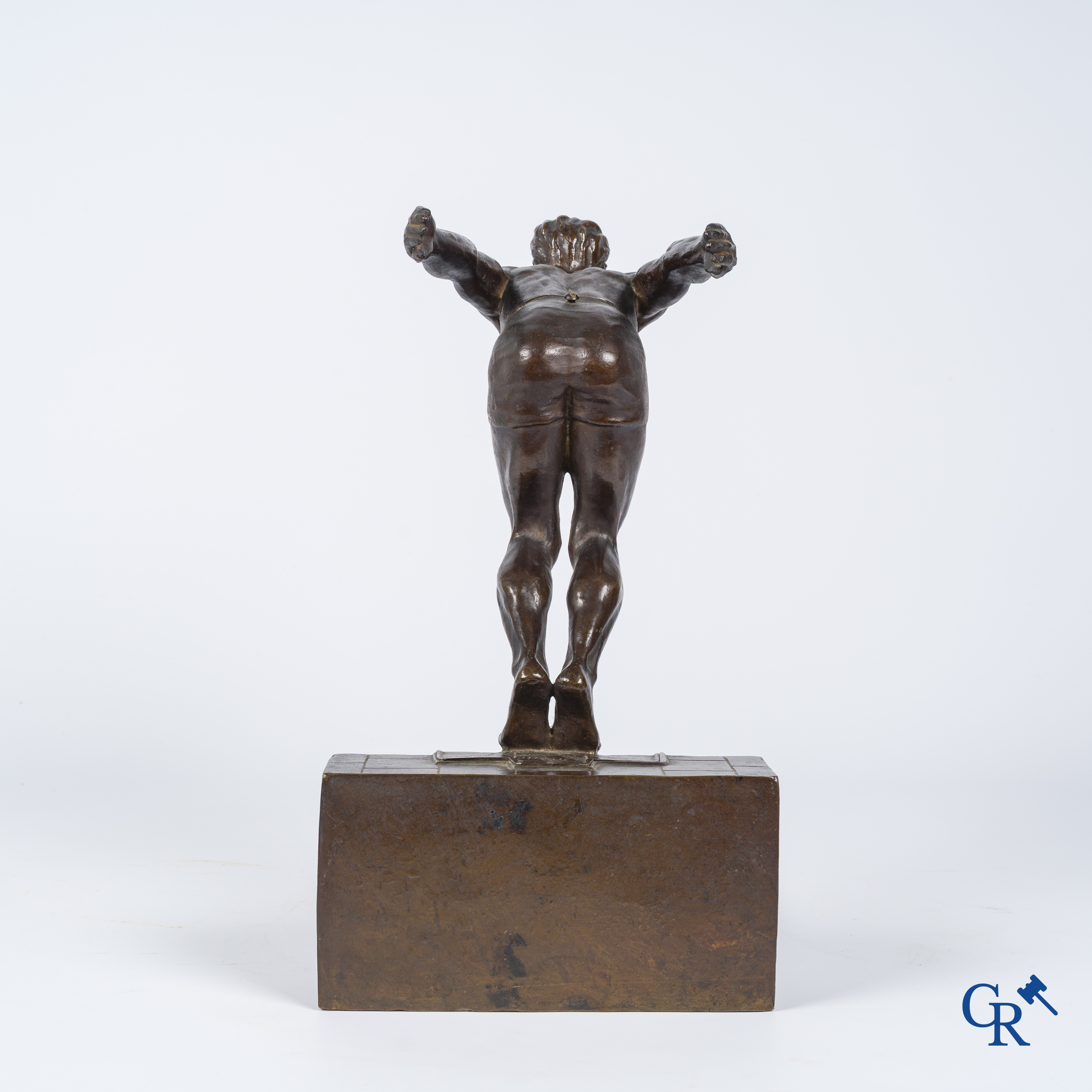 J. Duquet. Art Deco. Bronzen beeld van een zwemmer "De Duik" Bruine patina. Gesigneerd. Circa 1930.