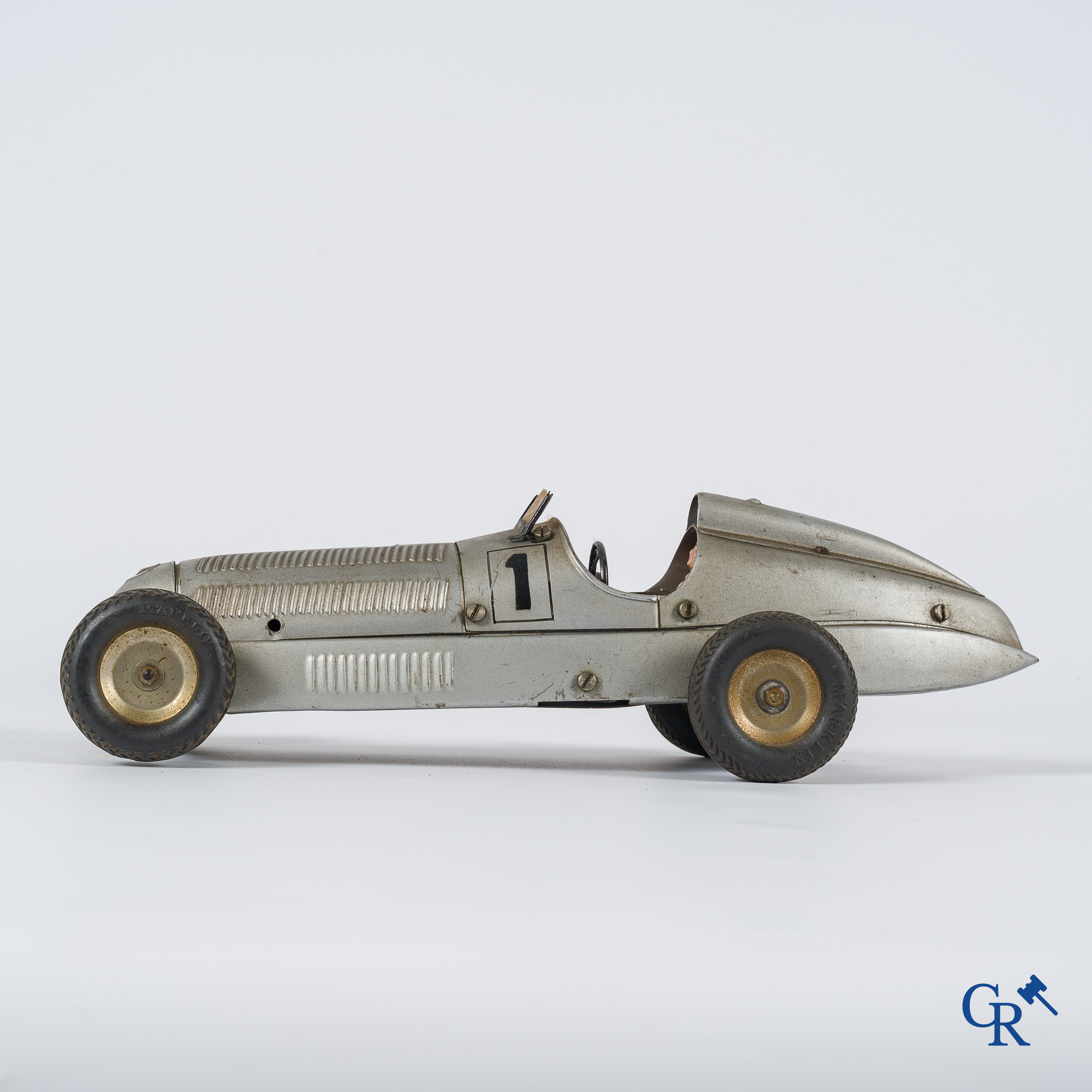 Oud speelgoed. Märklin, Mercedes-Benz racewagen. Metaal met opwindmechanisme. Jaren '30.
