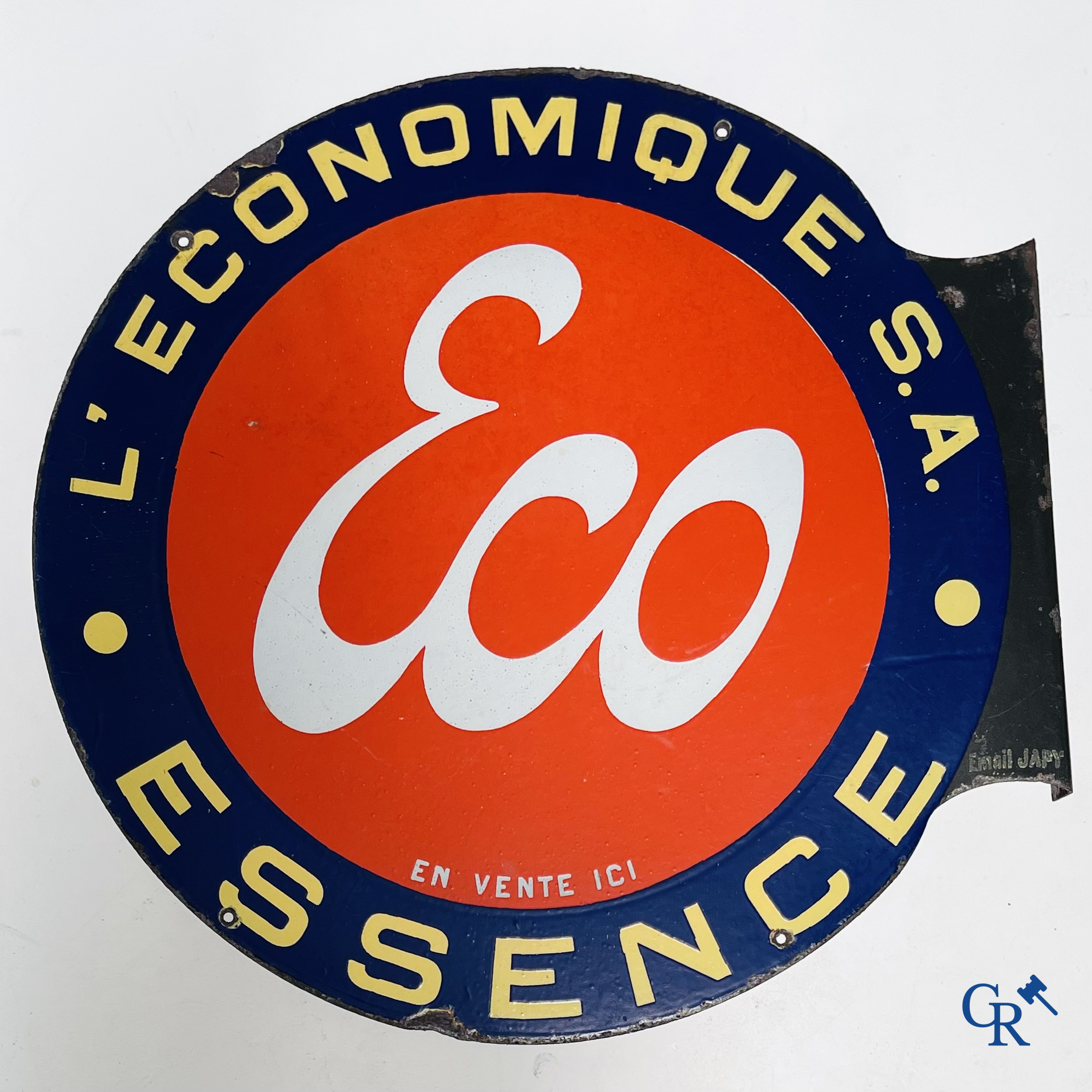 Eco. Dubbelzijdig geëmailleerd publiciteitsbord voor benzine van de Société Anonyme l'Economique. Jaren '20-'30.