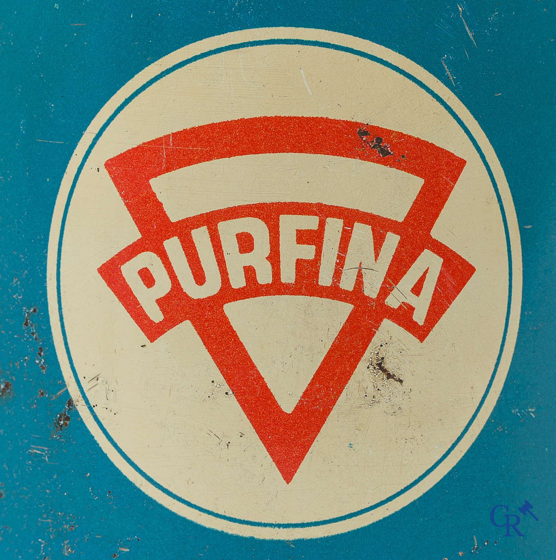 Purfina, conisch olieblik 1 Liter. Olie Motortonic. N.V. Purfina, 111 Handelstraat Brussel.