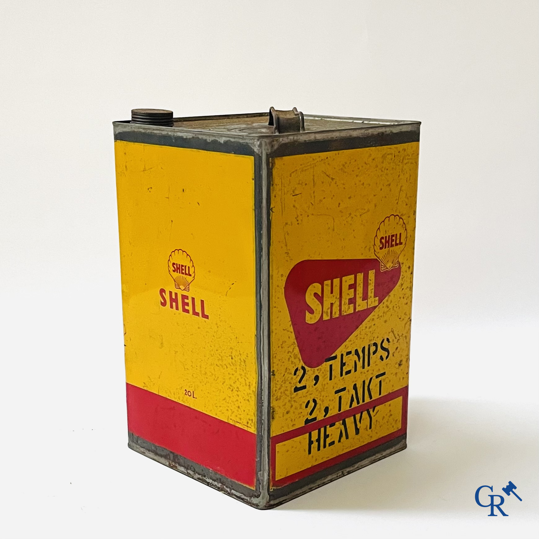 Shell, 3 grote olie blikken, 20L. Shell 2 takt, Rotella Oil, Shell X-100 Motor Oil. Jaren '50.