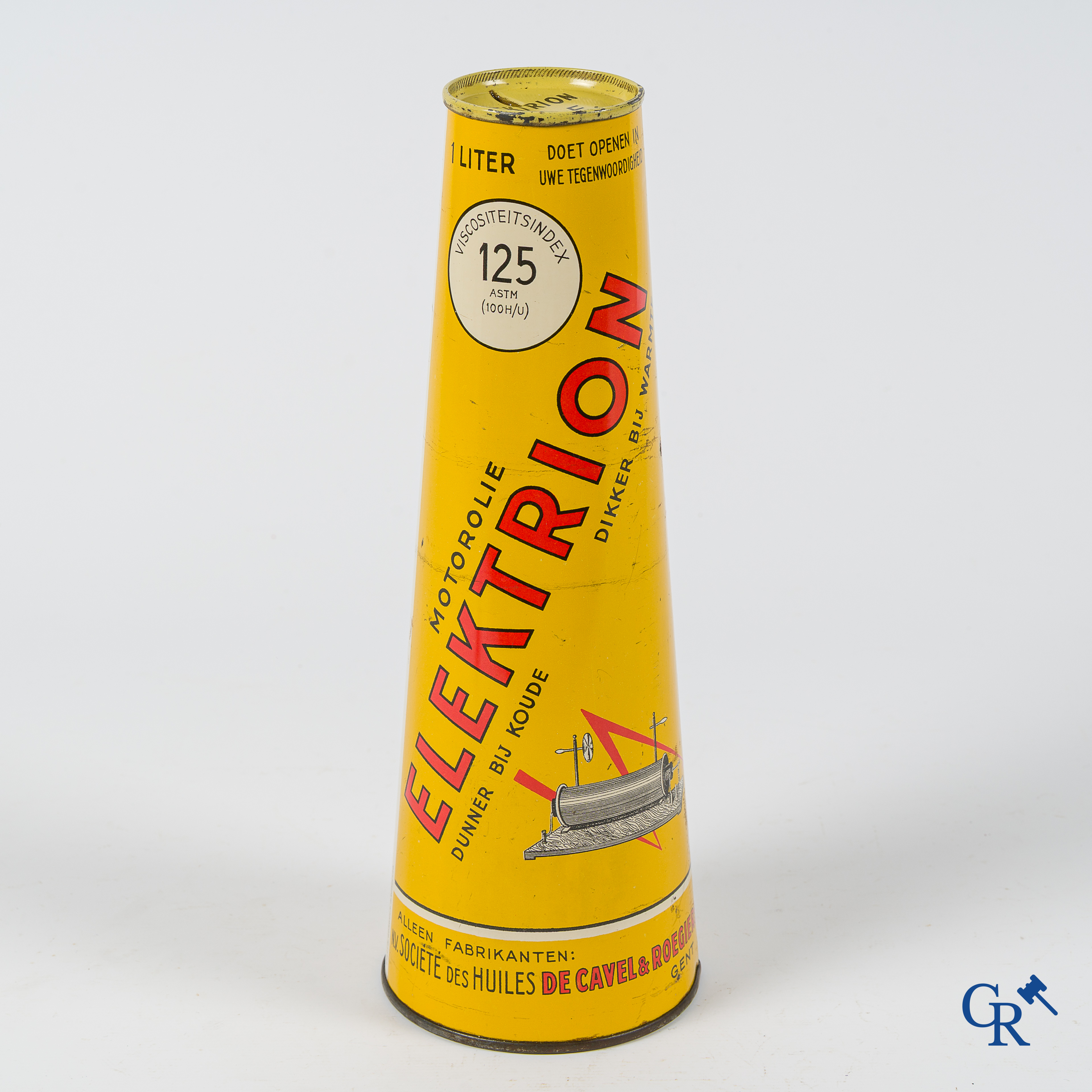 Elektrion, conisch olieblik 1 Liter. Société des Huiles De Cavel & Roegiers S.A. Gand. Ets. J.B. Gabriels Bruxelles.