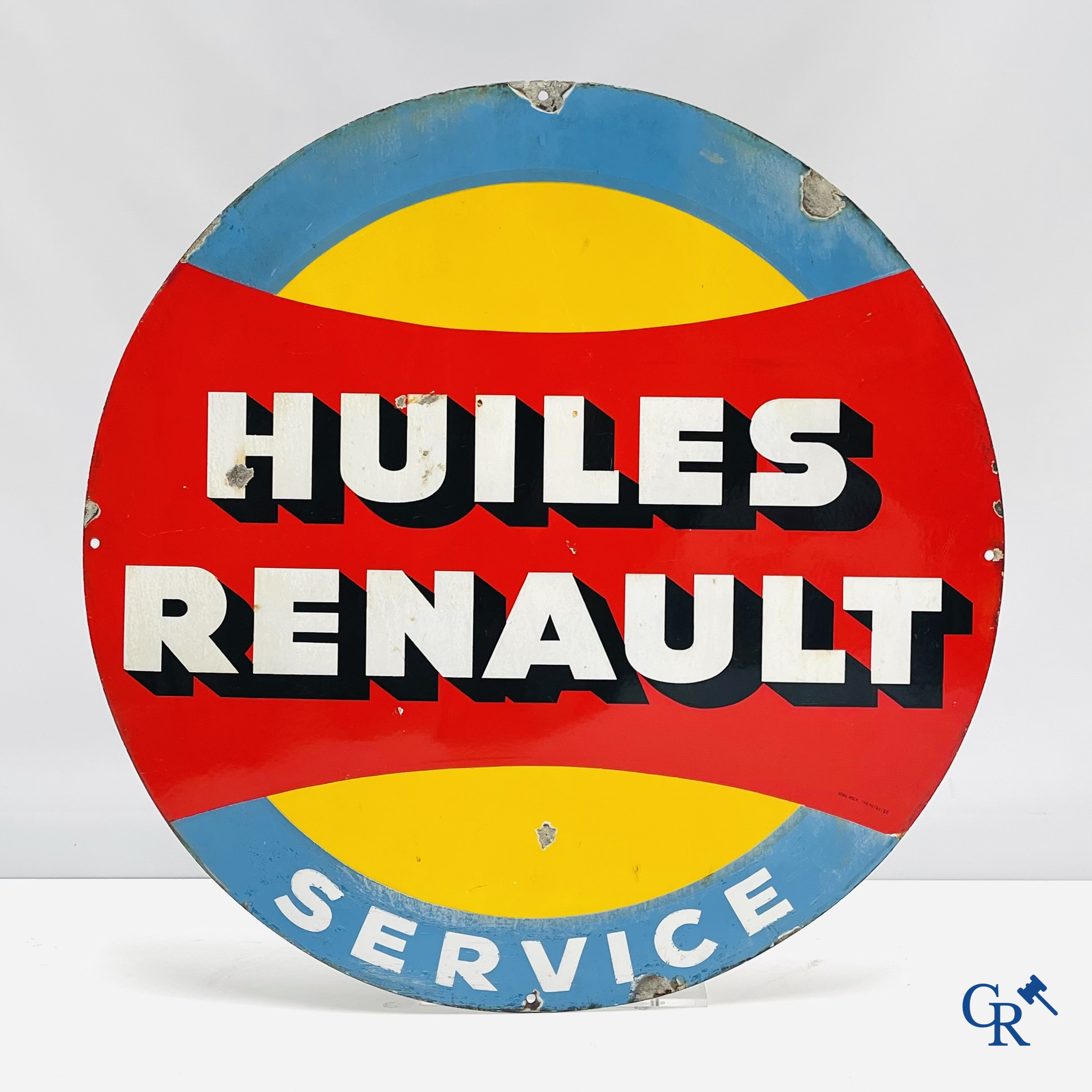 Huiles Renault. Groot emaille reclamebord voor Renault Oliën. Zeldzamer Belgisch exemplaar. 1960.