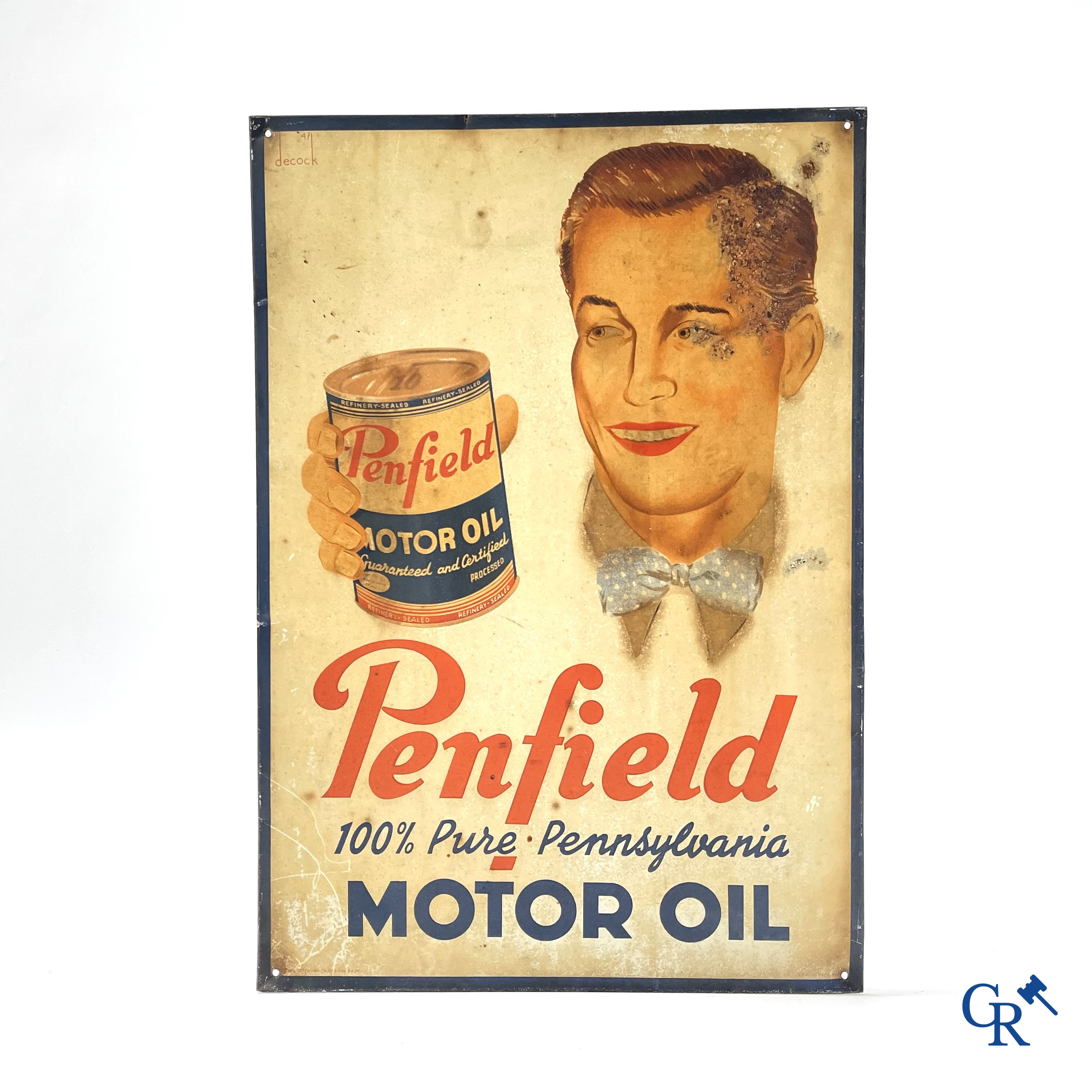Penfield, 100% Pure Pennsylvania Motor Oil. Publiciteit op blik voor motorolie. Gesigneerd Decock 1947.