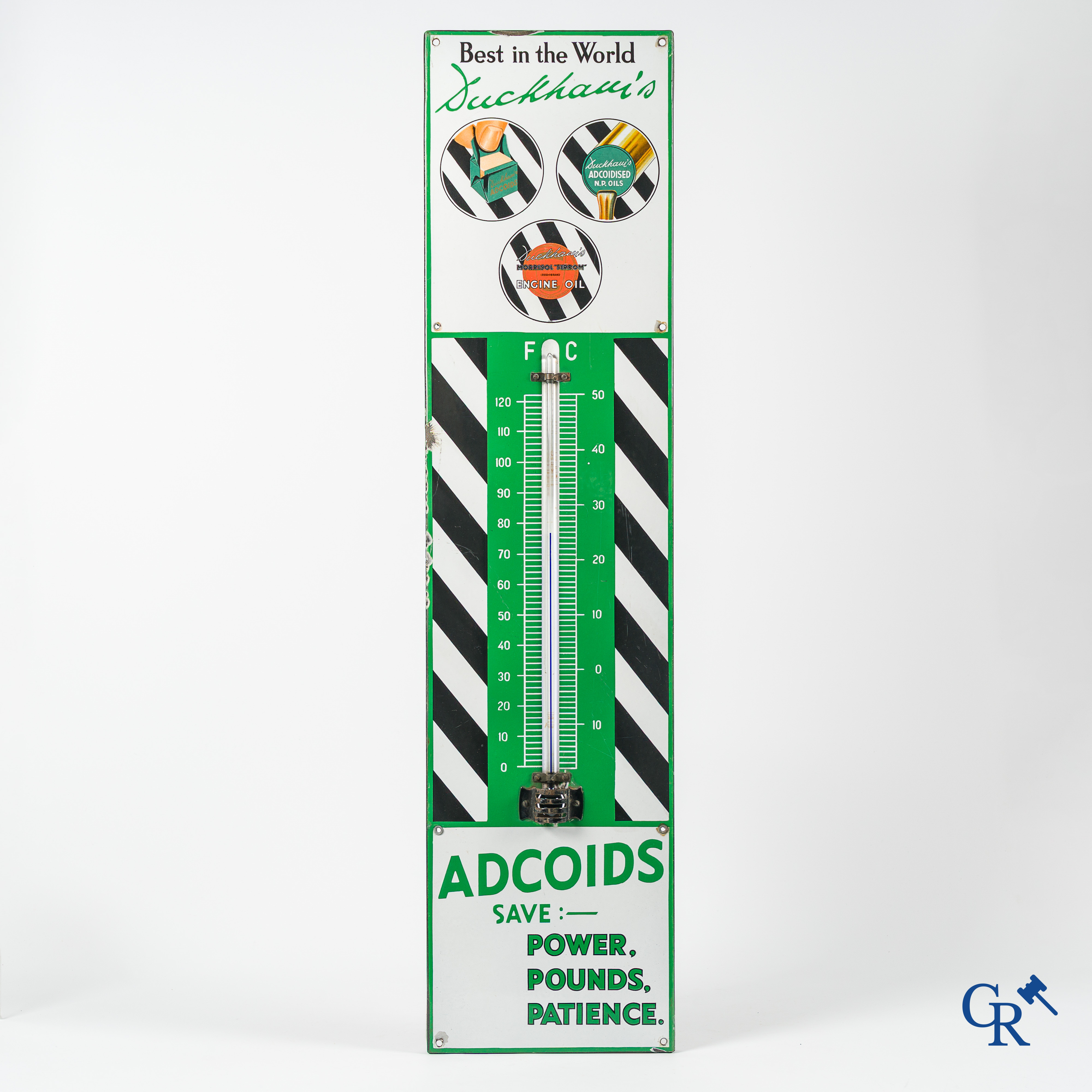 Duckham's Motor Oil. "Best in the World"  Grote geëmailleerde reclame thermometer. Jaren '40.
