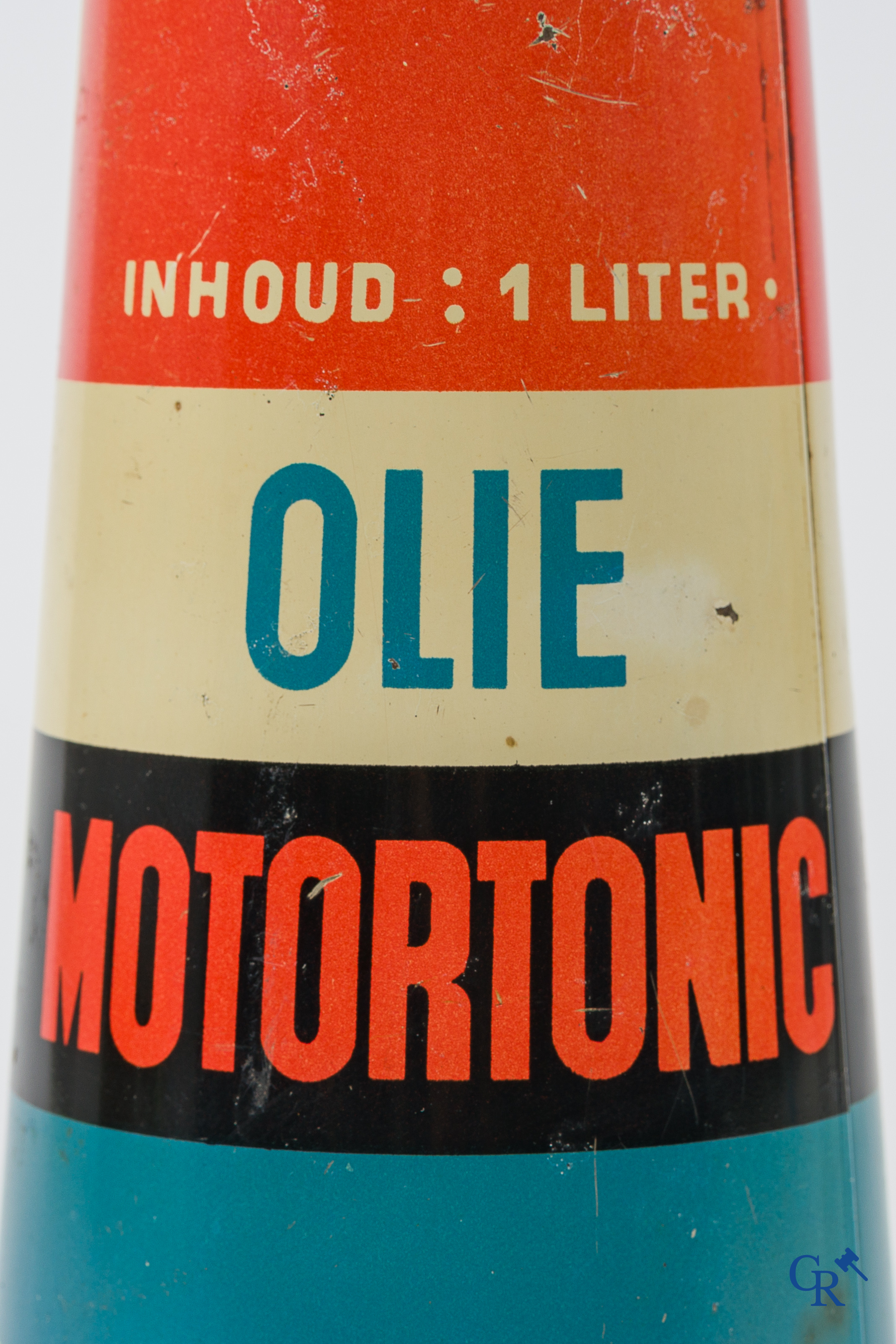 Purfina, conisch olieblik 1 Liter. Olie Motortonic. N.V. Purfina, 111 Handelstraat Brussel.