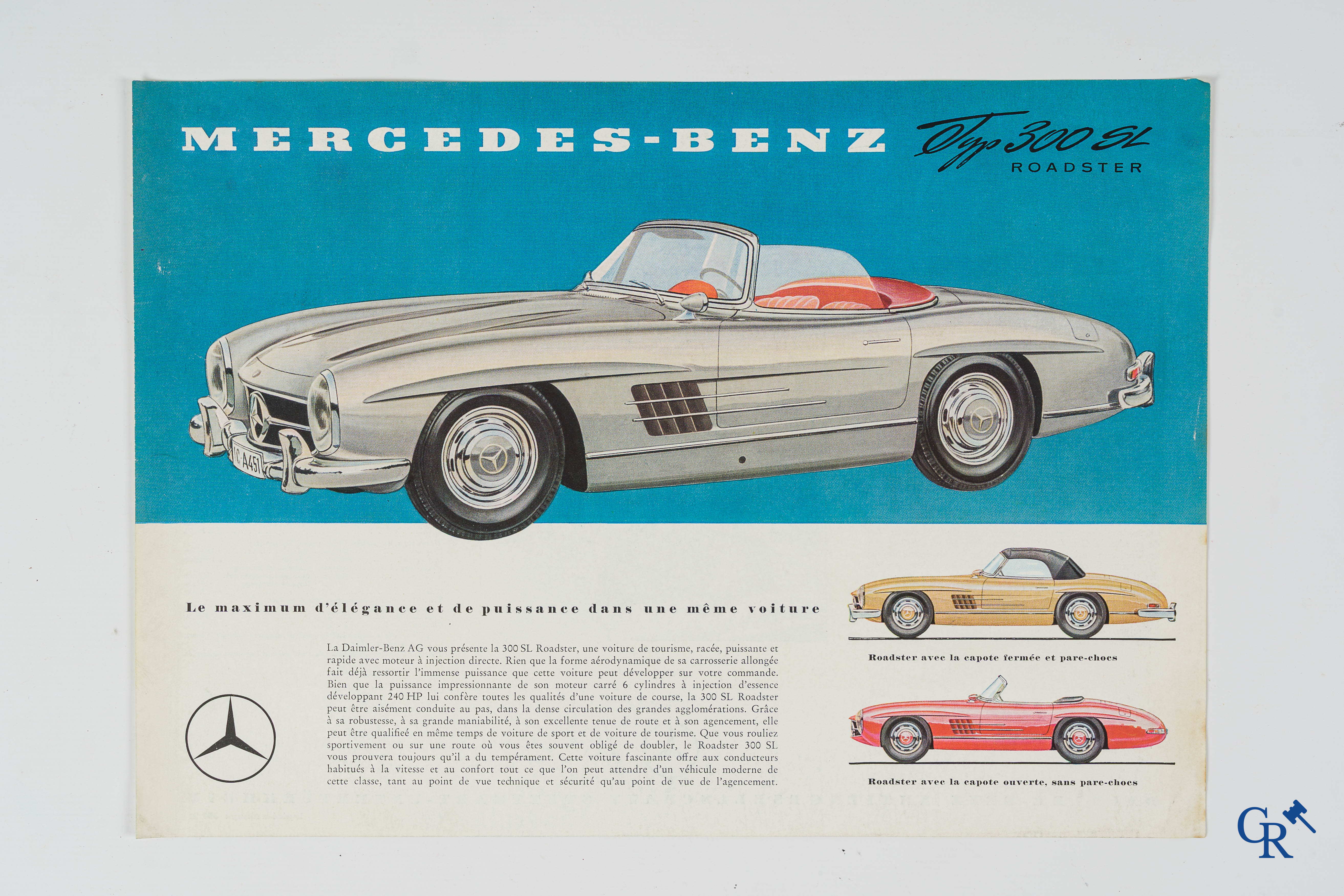 Automobilia. Mercedes Benz. Originele luxe publiciteitsfolder voor de 190SL Roadster en flyers voor de 300SL.