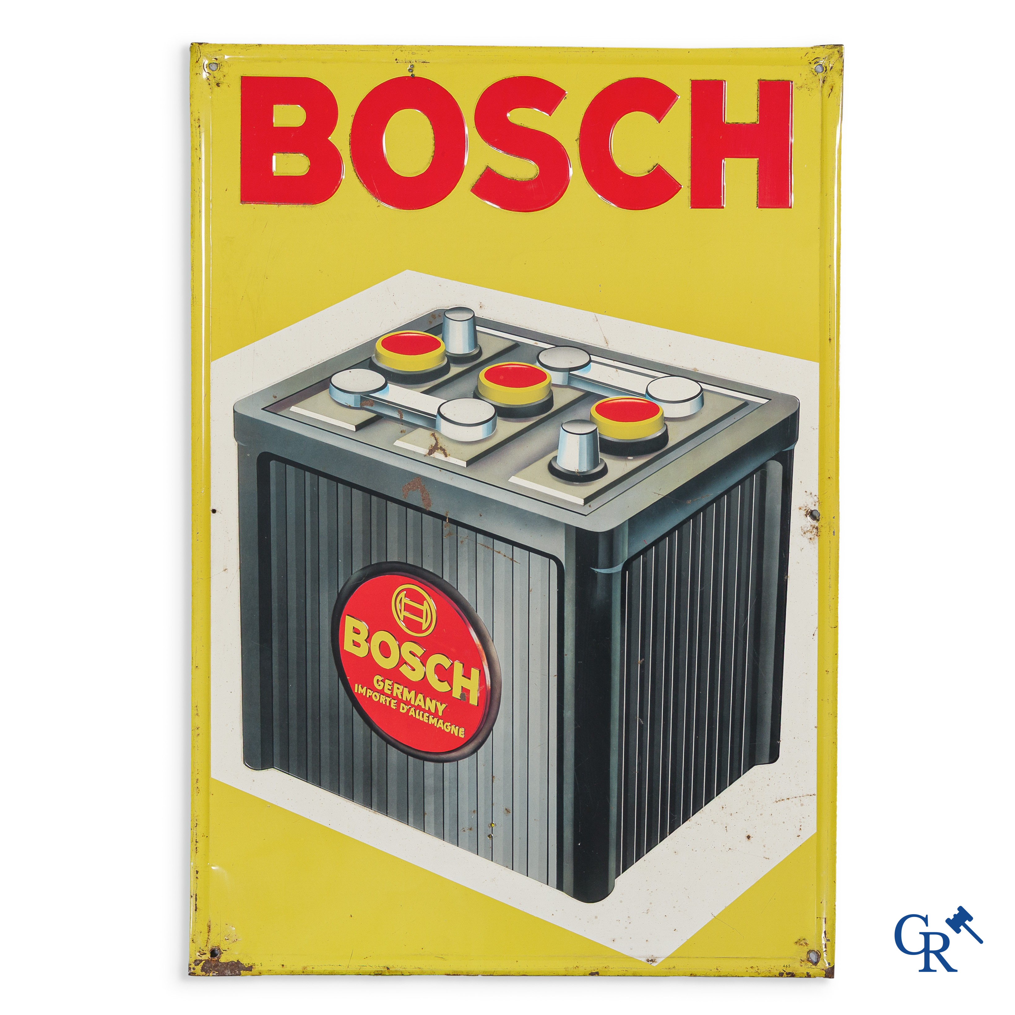 Bosch. Groot publiciteitsbord in beschilderd blik in reliëf voor accu's of autobatterijen van Bosch.
