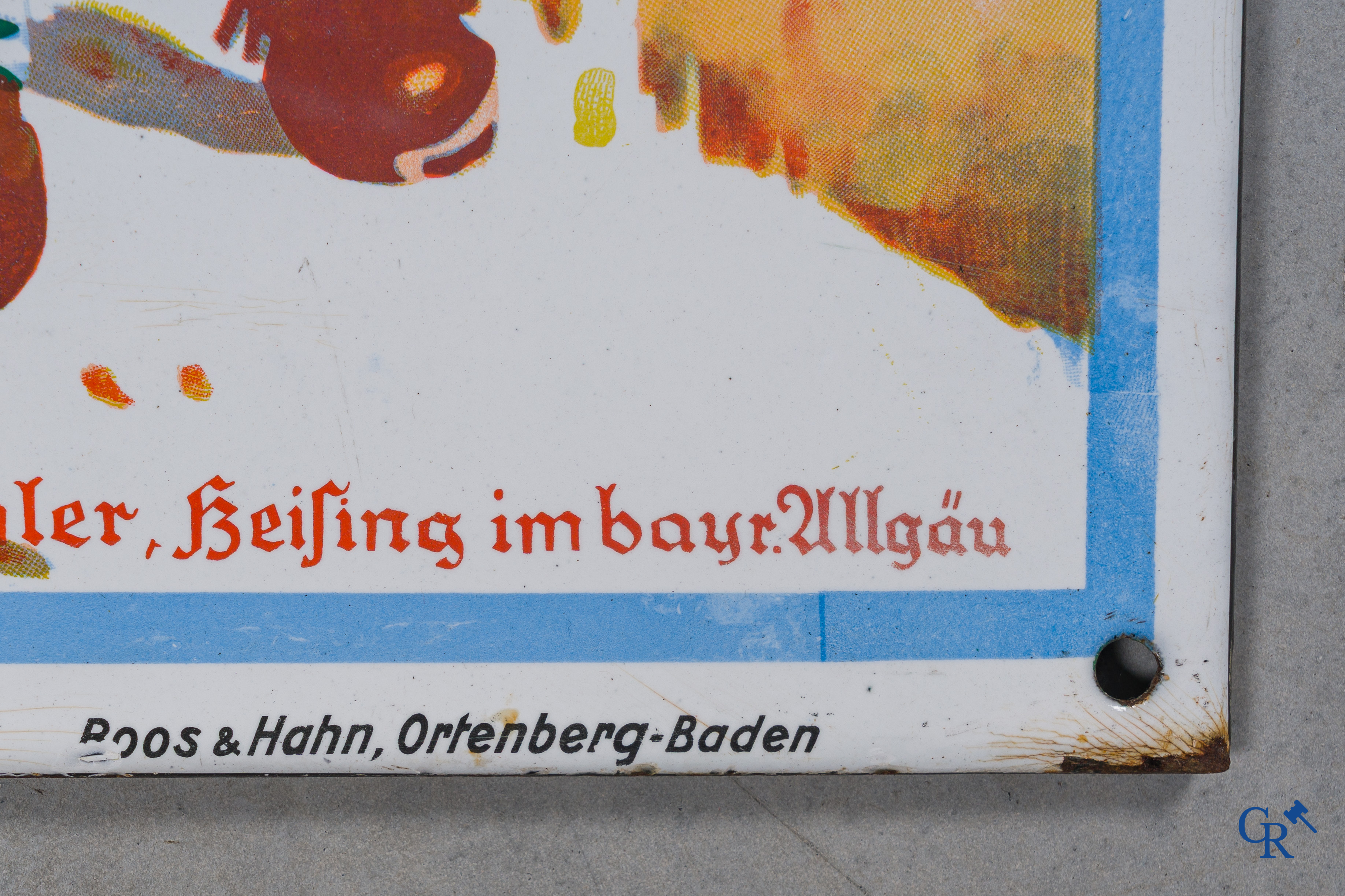 Emaille reclamebord voor Champignon-Camembert. Bayr Ullgäu. Boos & Hahn Ortenberg-Baden.