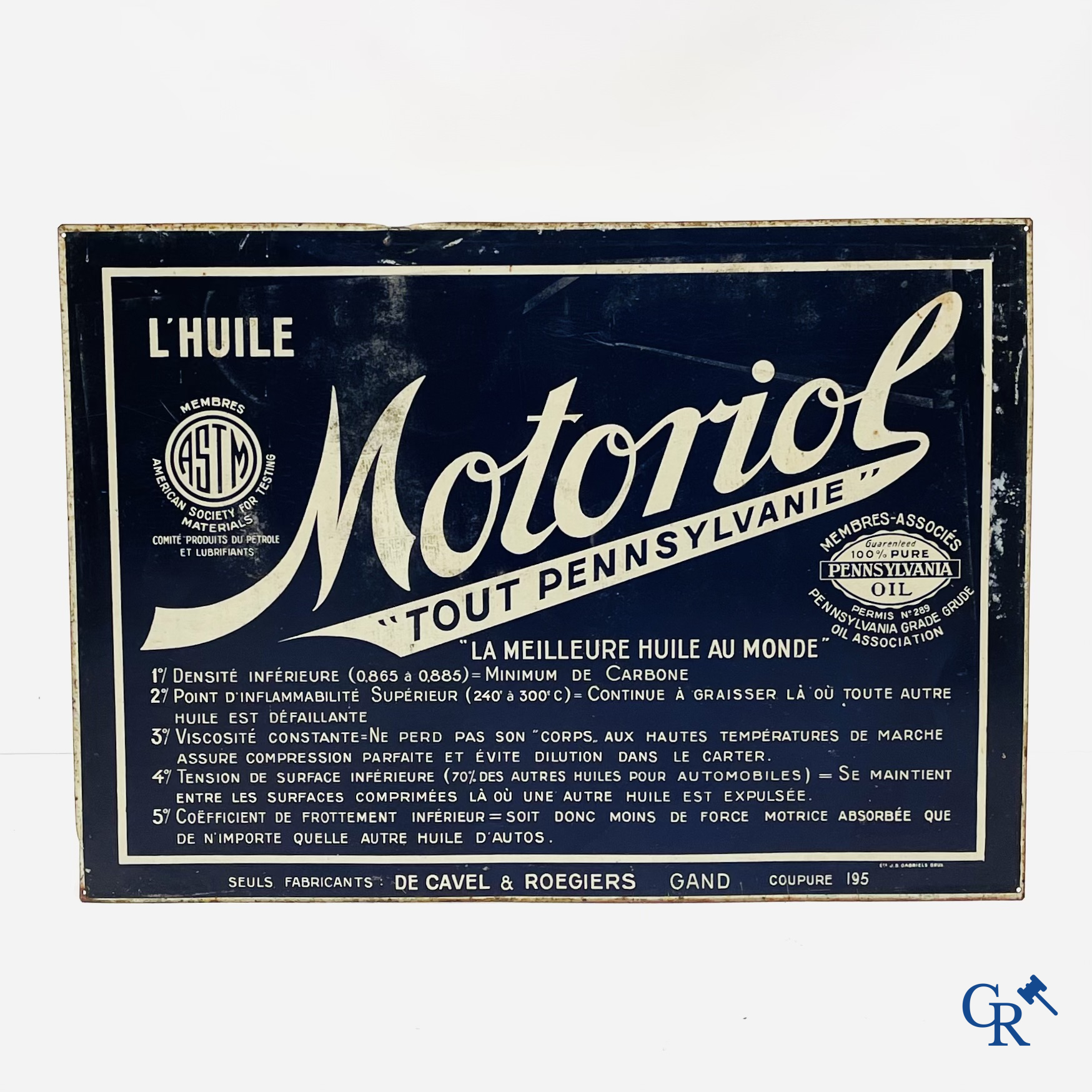 Motoriol Olie. Blikken reclamebord voor de oliën van de fabrikanten De Cavel & Rougiers te Gent. Jaren '40.