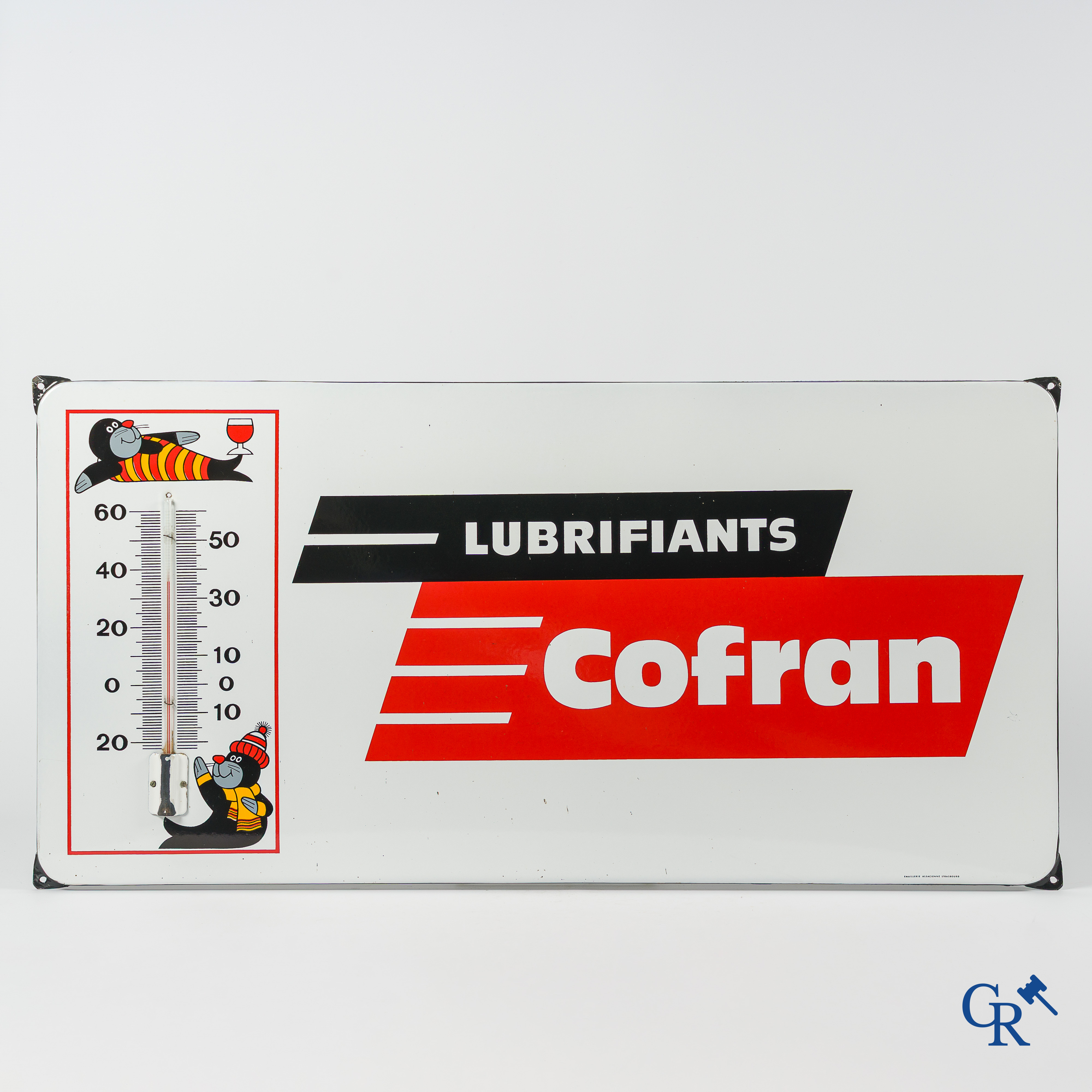 Lubrifiants Cofran. Emaille reclamebord met ingewerkte thermometer voor auto smeermiddelen Cofran. Jaren '60.