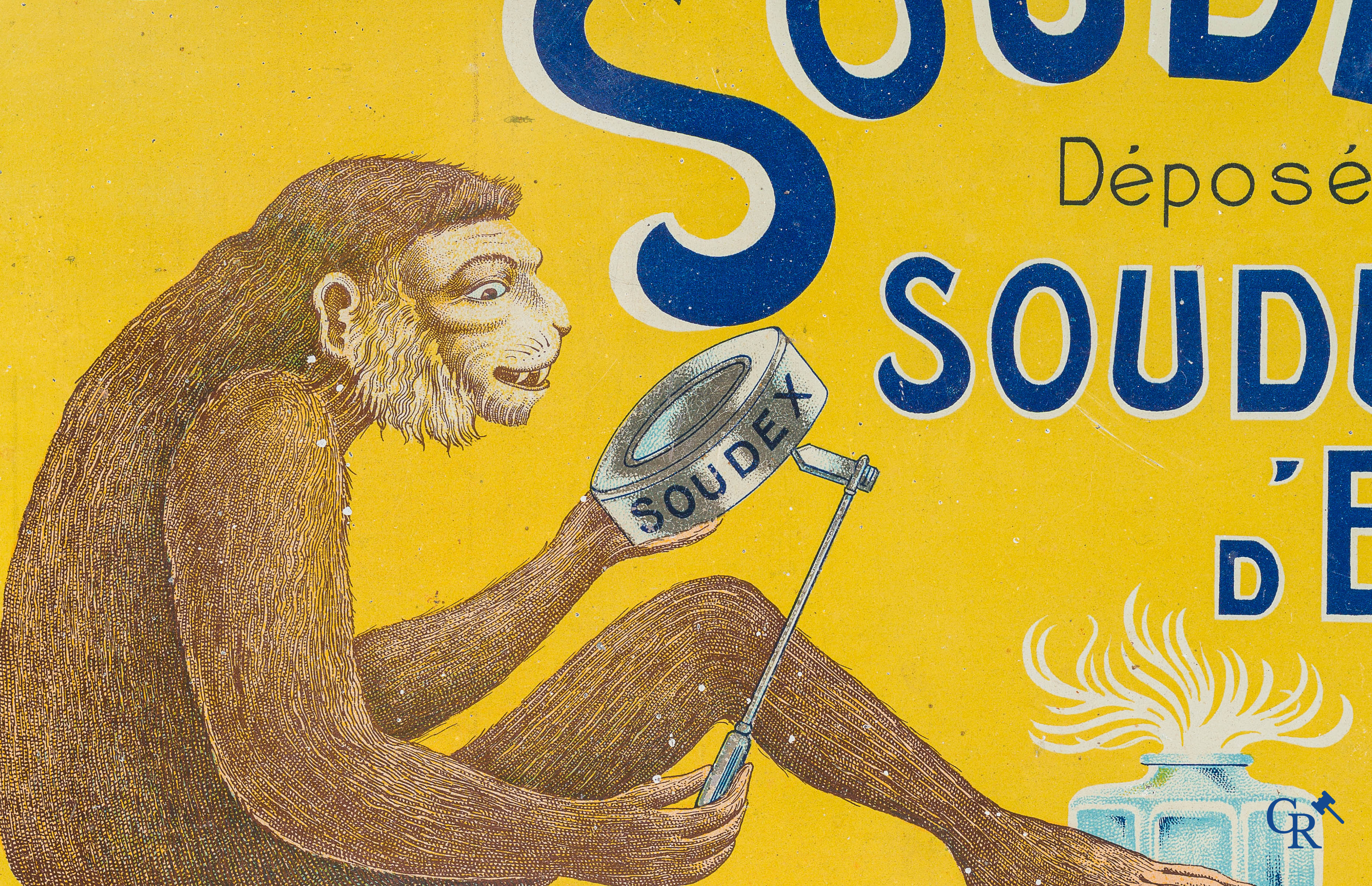 Soudex, Soudure d'étain, complète en pâte. En vente ici. Amusant blikbord met een aapje voor tin soldeer. Jaren '30.