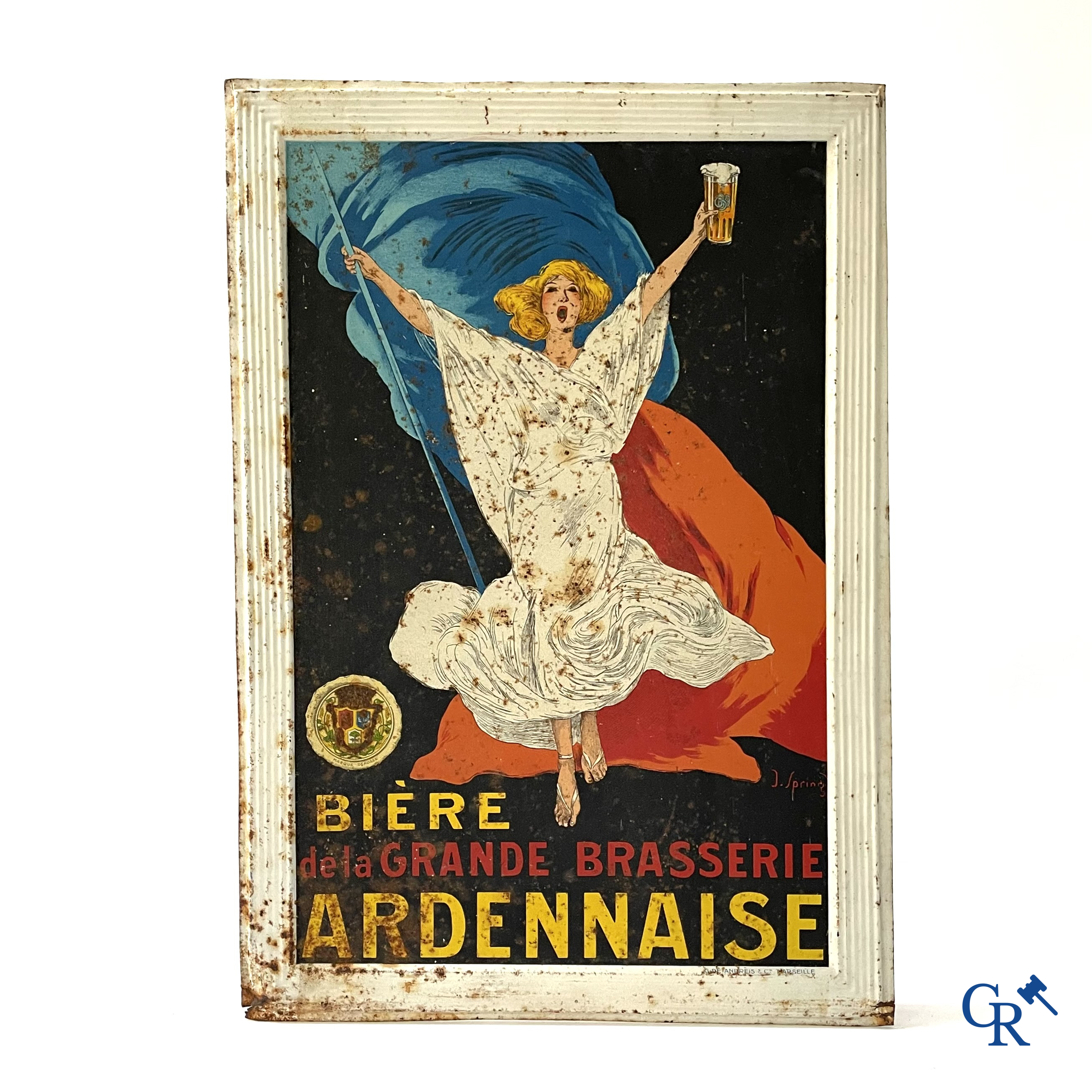 J. Spring (André Lapuszewski, Joseph Stall) Publiciteit gedrukt op metaal voor Bière de la Grande Brasserie Ardennaise.