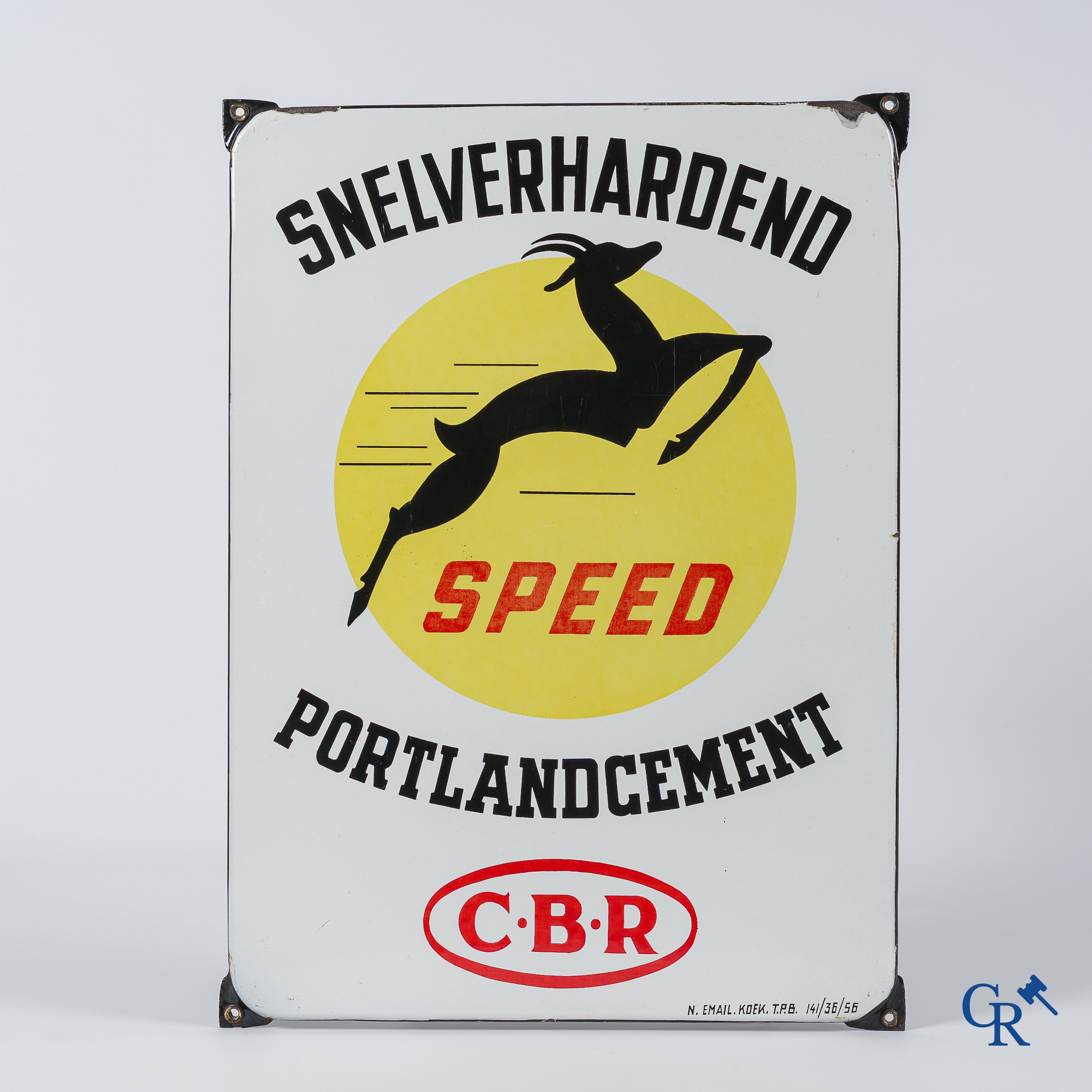 Speed, emaille reclamebord voor snelverhardend portlandcement van C.B.R. Emaillerie Koekelberg 1956.