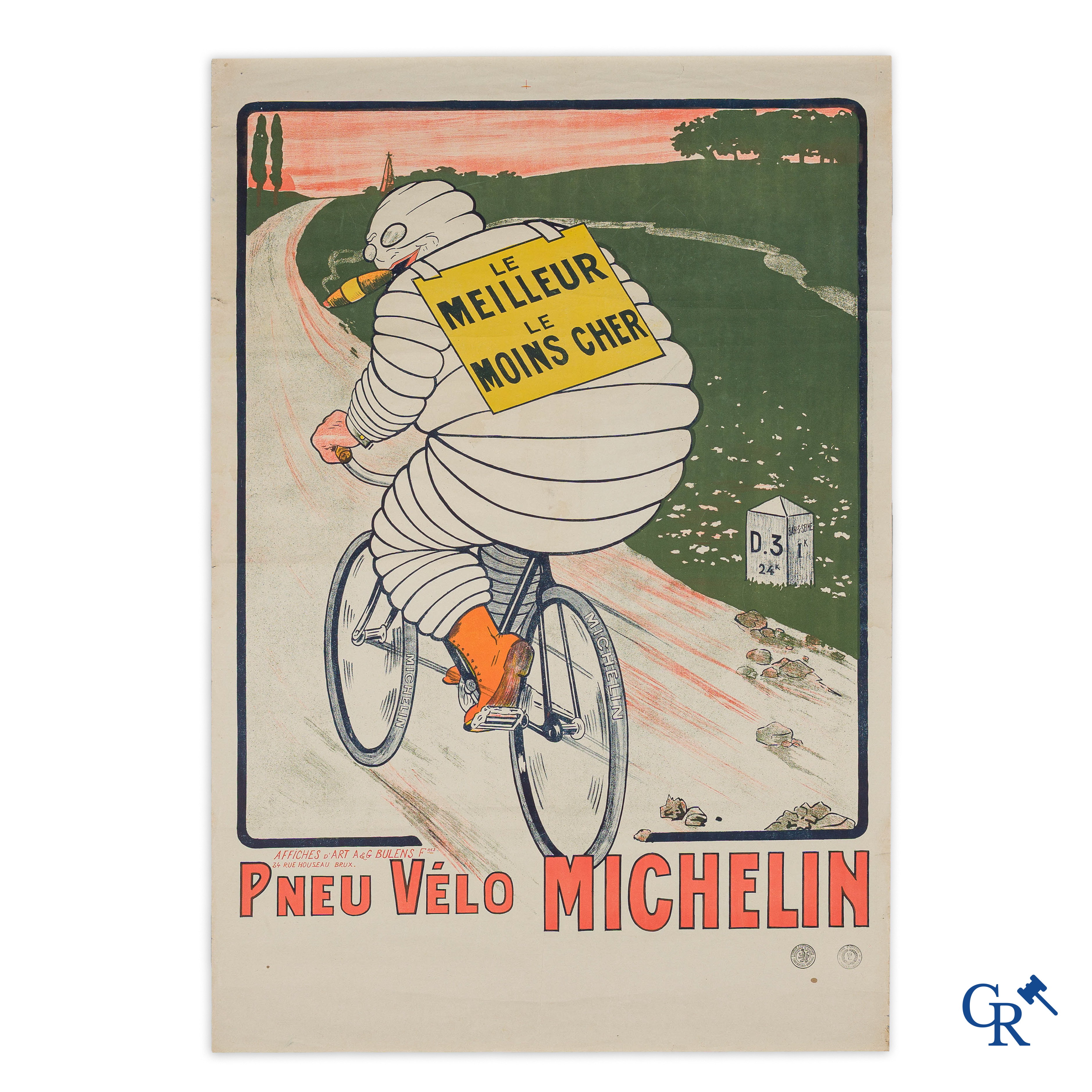 Pneu Vélo Michelin. Affiche voor fietsbanden Michelin. Zeldzame Belgische uitgave. Bulens Frères Bruxelles. Circa 1920.