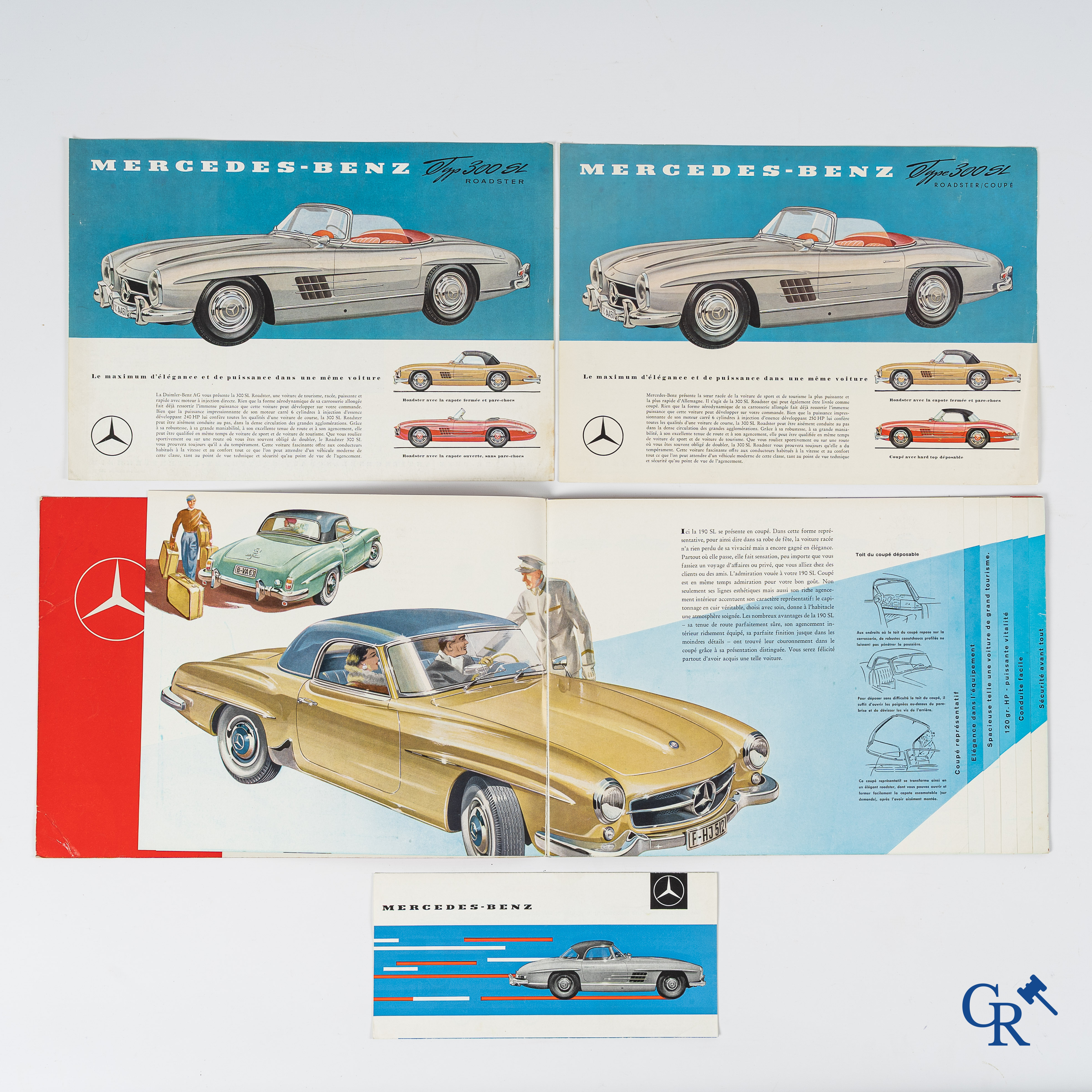 Automobilia. Mercedes Benz. Originele luxe publiciteitsfolder voor de 190SL Roadster en flyers voor de 300SL.
