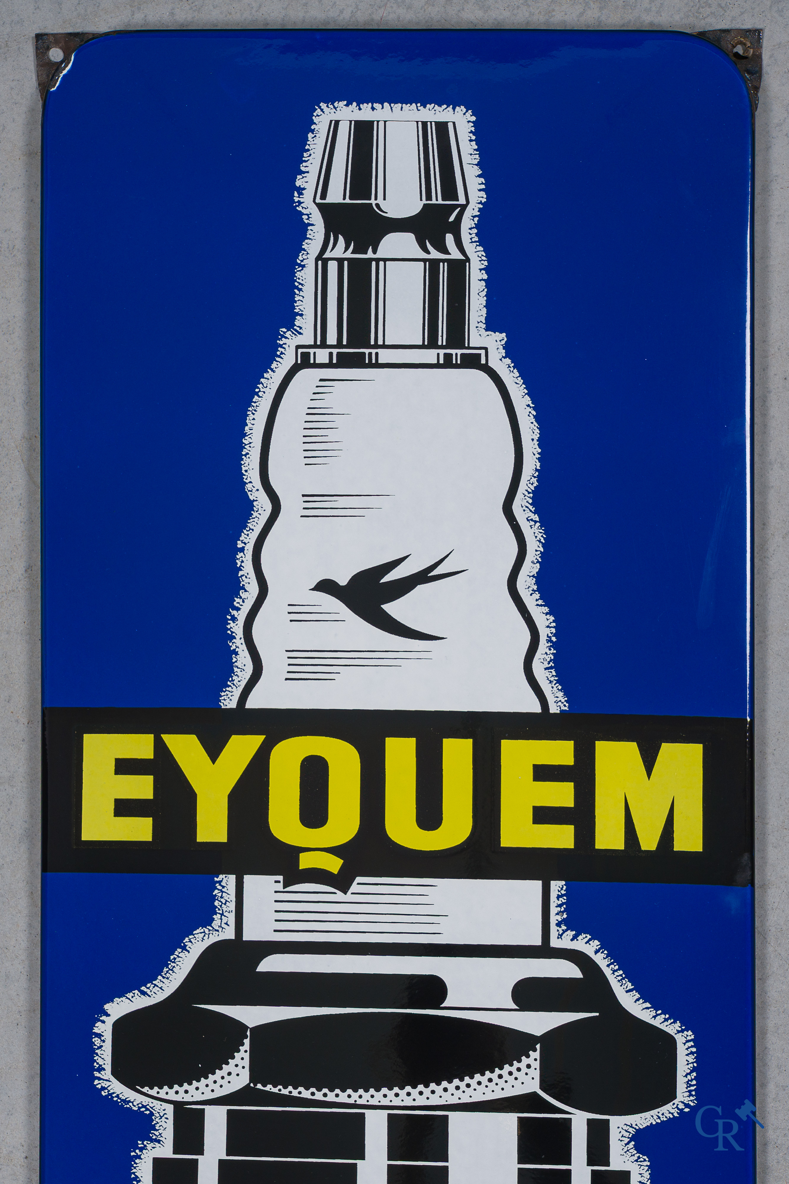 Eyquem. Emaille reclamebord voor Bougies Eyquem. Zeldzamere versie met blauwe achtergrond. Jaren '50.