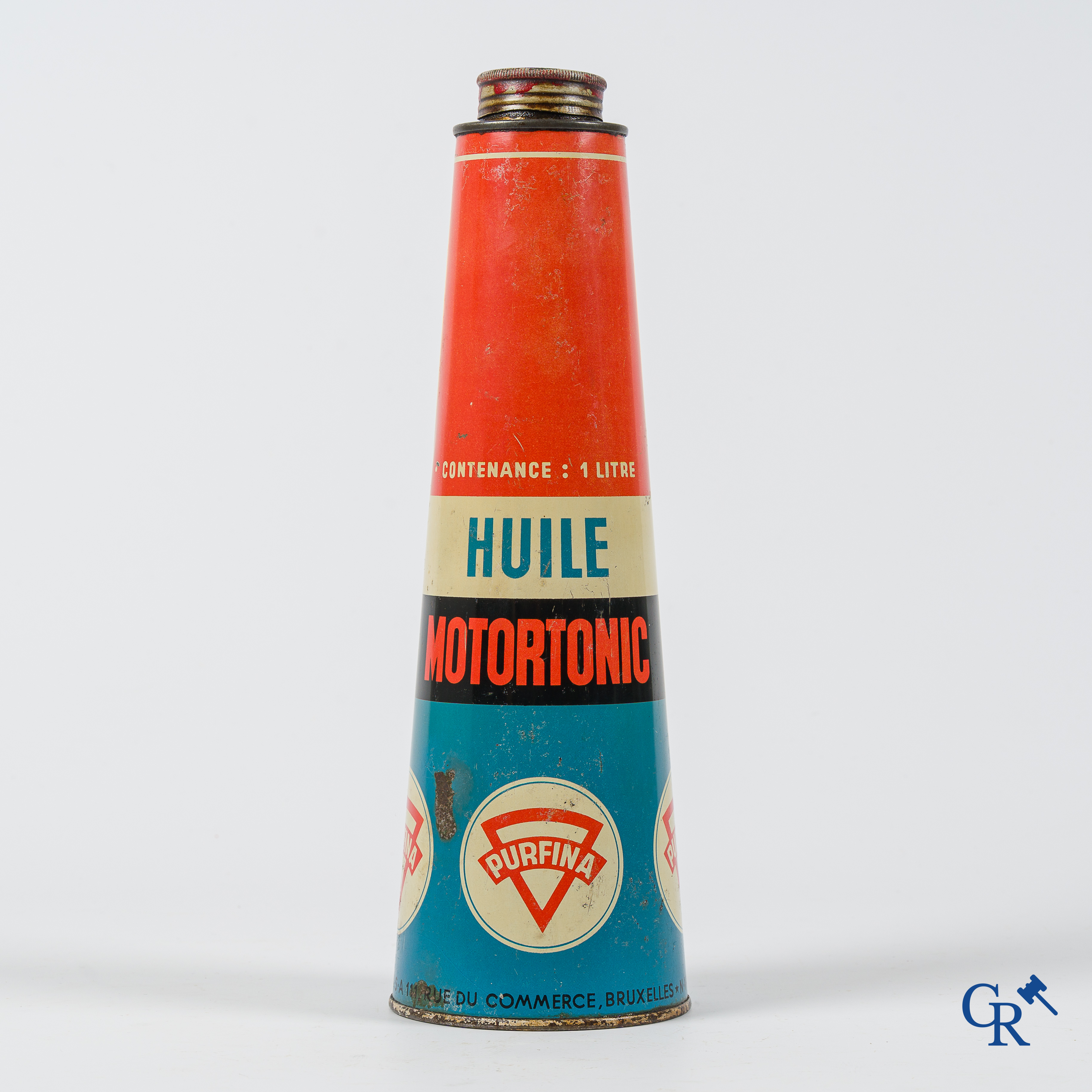 Purfina, conisch olieblik 1 Liter. Olie Motortonic. N.V. Purfina, 111 Handelstraat Brussel.