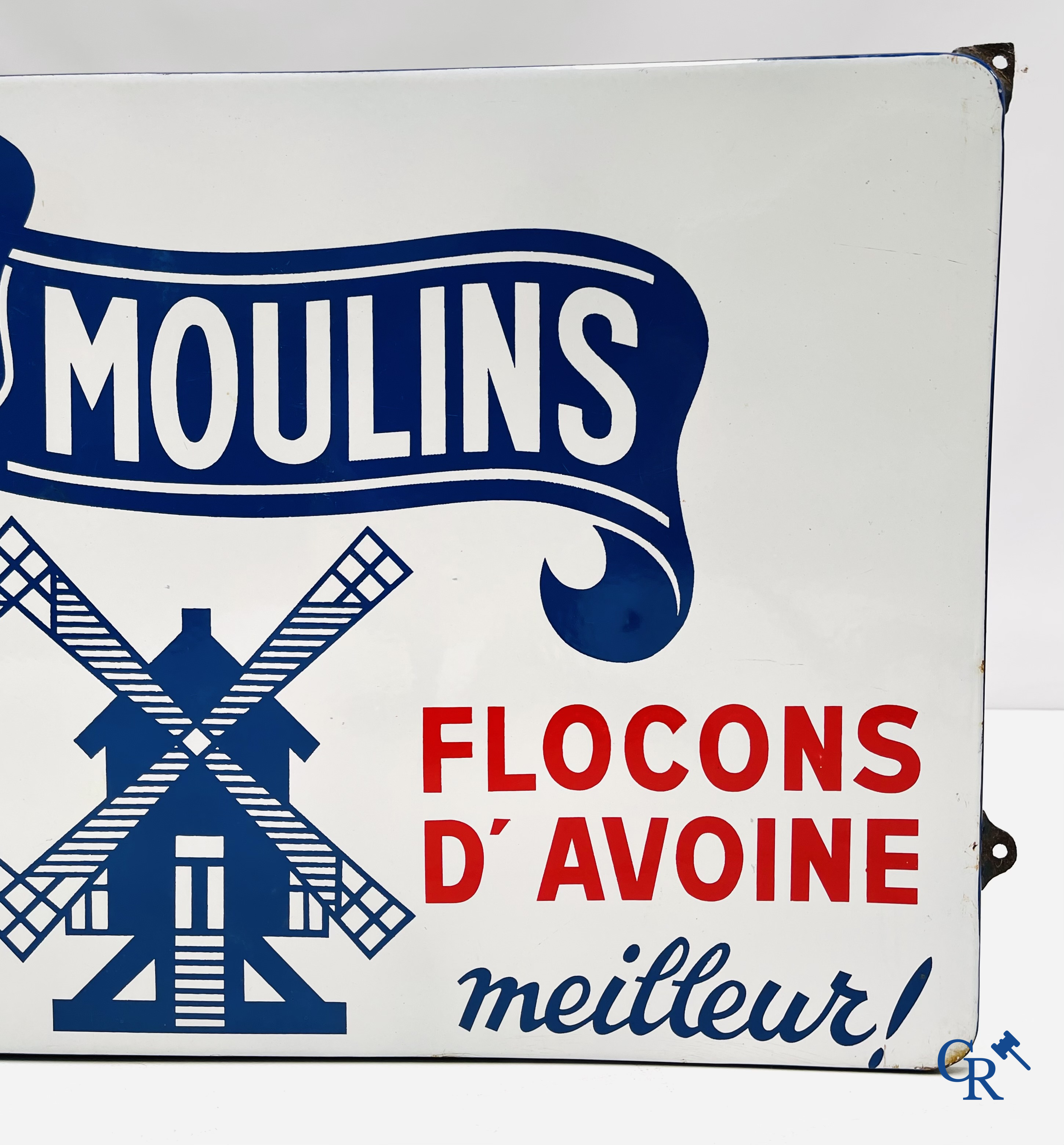 De 3 Molens, emaille reclamebord voor de pudding en havermoutproducten van de Belgische producent Les 3 Moulins.