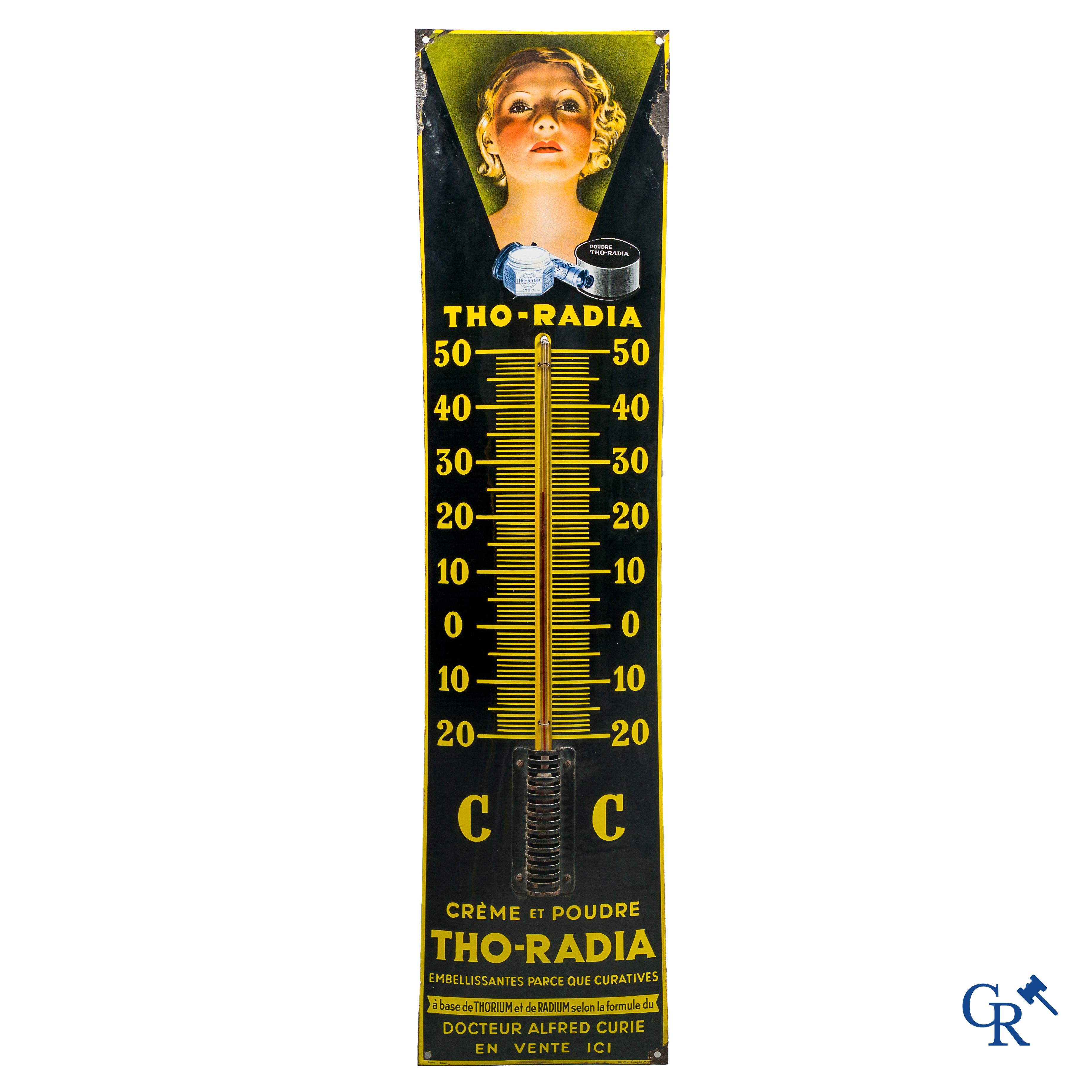 Tho-Radia. Emaille reclamebord met ingewerkte thermometer. Ferro-émail. Franse makelij tussen 1932 en 1937.