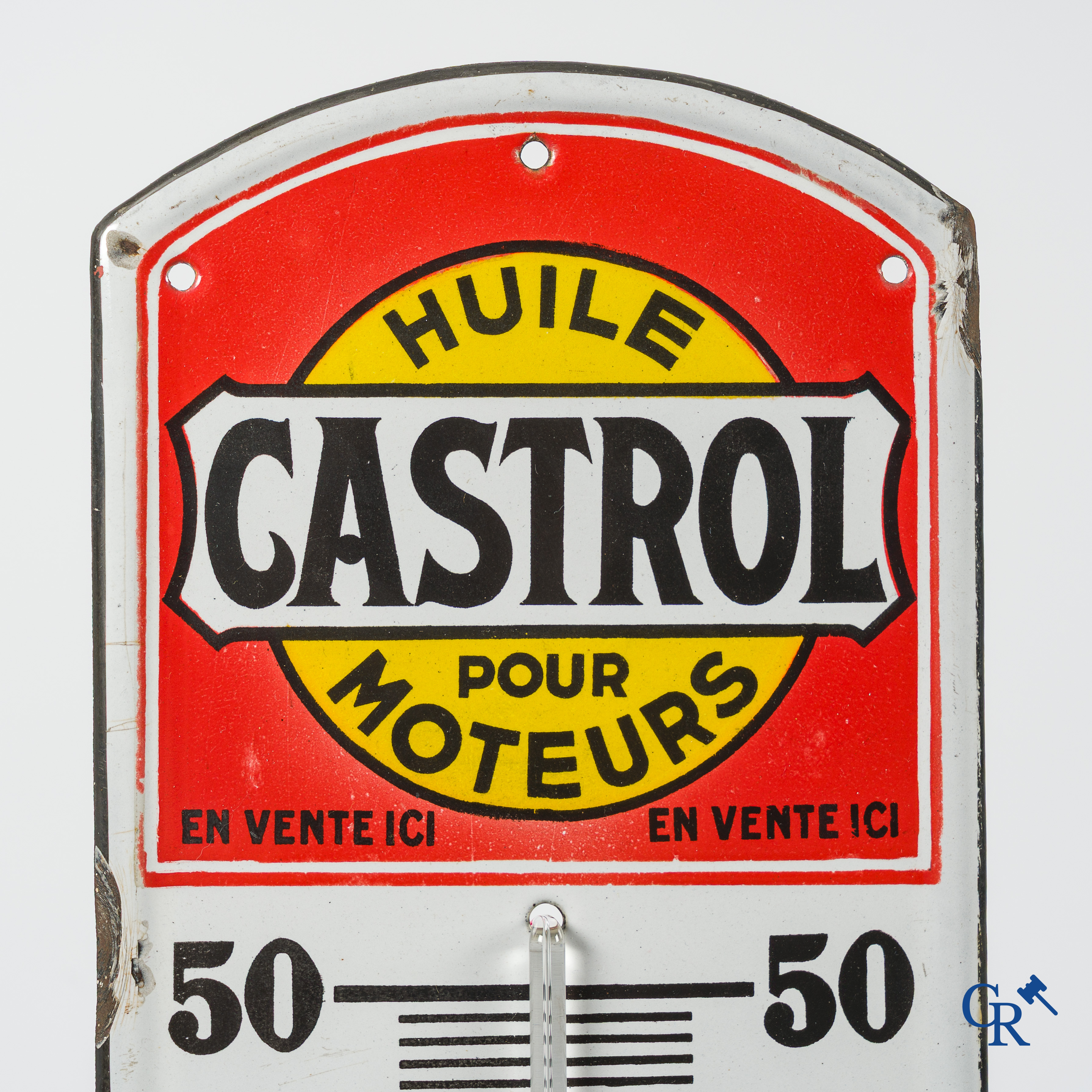 Castrol, Huile pour moteurs. En vente ici. Publiciteits thermometer voor Castrol motor olie. Jaren '20-'30.