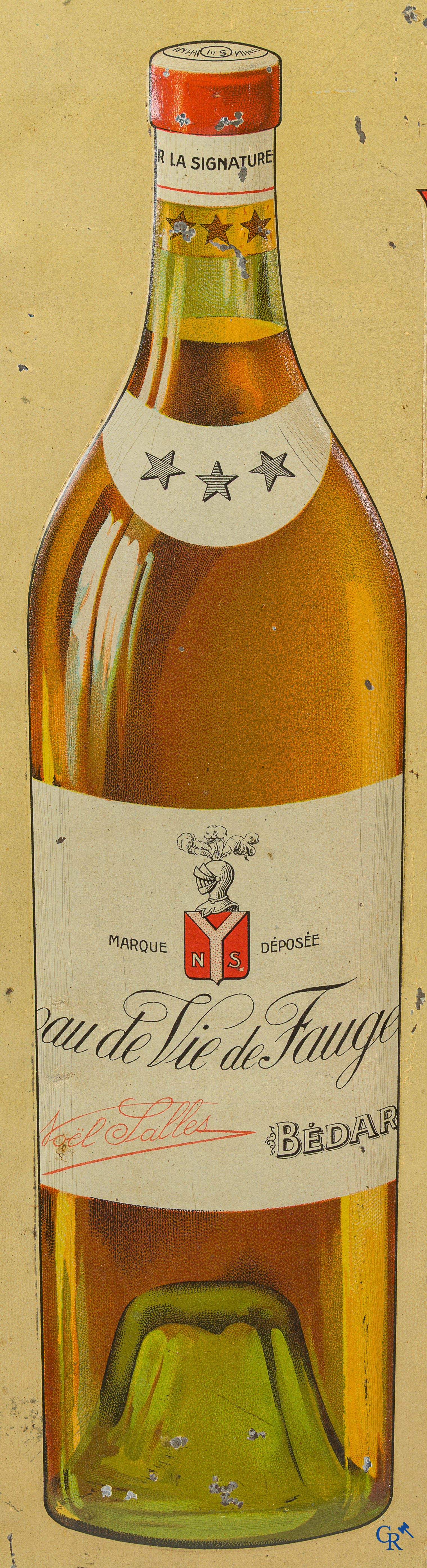 Reclamebord in beschilderd blik in reliëf voor Eau de Vie de Faugères van Noël Salles. Circa 1920.
