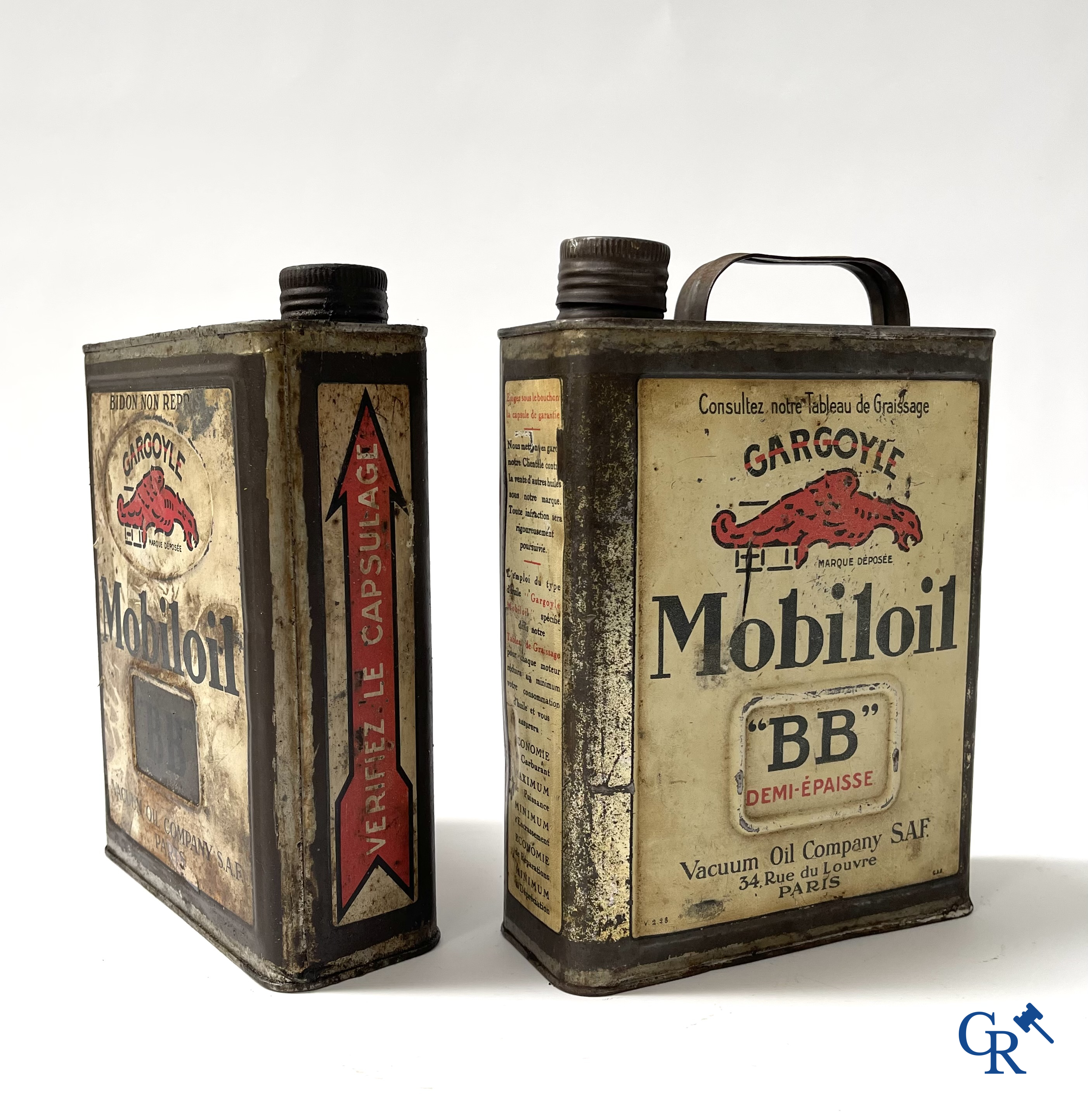Automobilia, Lot olieblikken. Gulf, Gulflube Motor oil 10L., Cargoyle-Mobiloil, Bret-oil, Castrollo. Jaren '30-'40-'50.