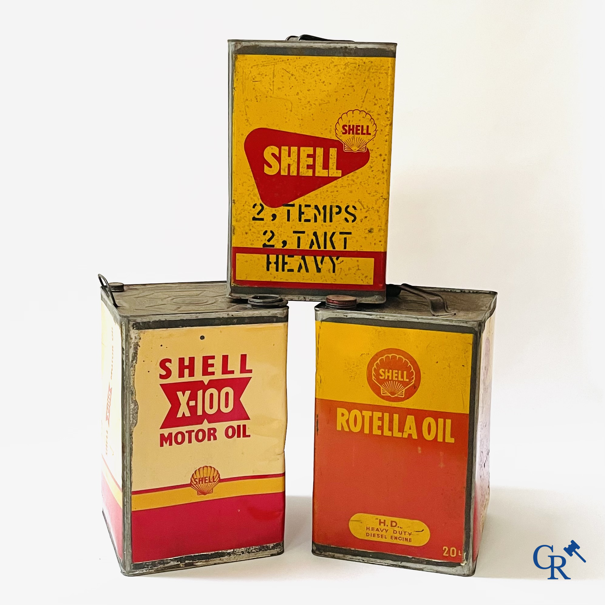 Shell, 3 grote olie blikken, 20L. Shell 2 takt, Rotella Oil, Shell X-100 Motor Oil. Jaren '50.