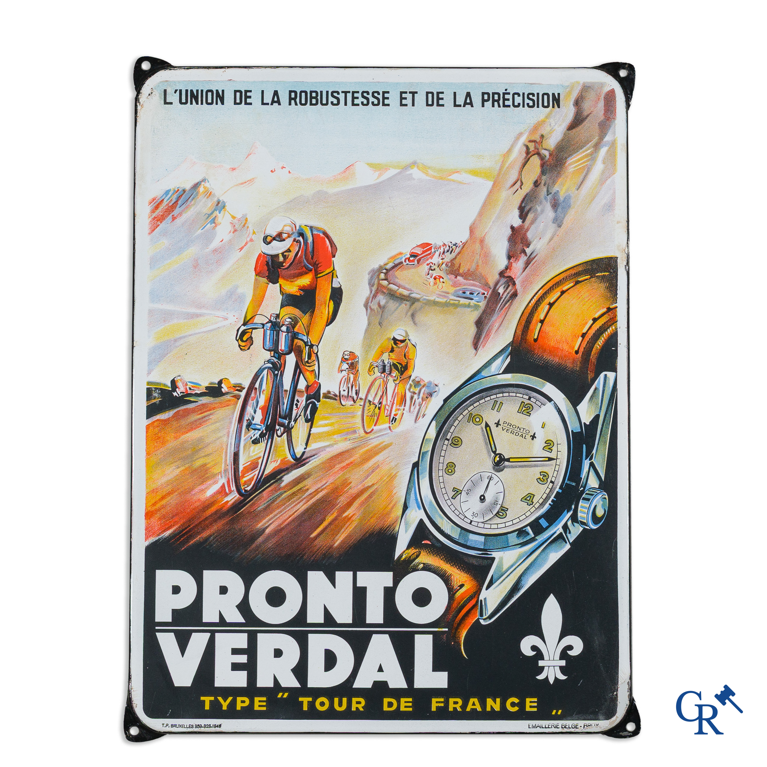 Pronto Verdal. Type "Tour de France" Emaille reclamebord voor de uurwerken van Pronto Watch Co. Emaillerie Belge 1949.