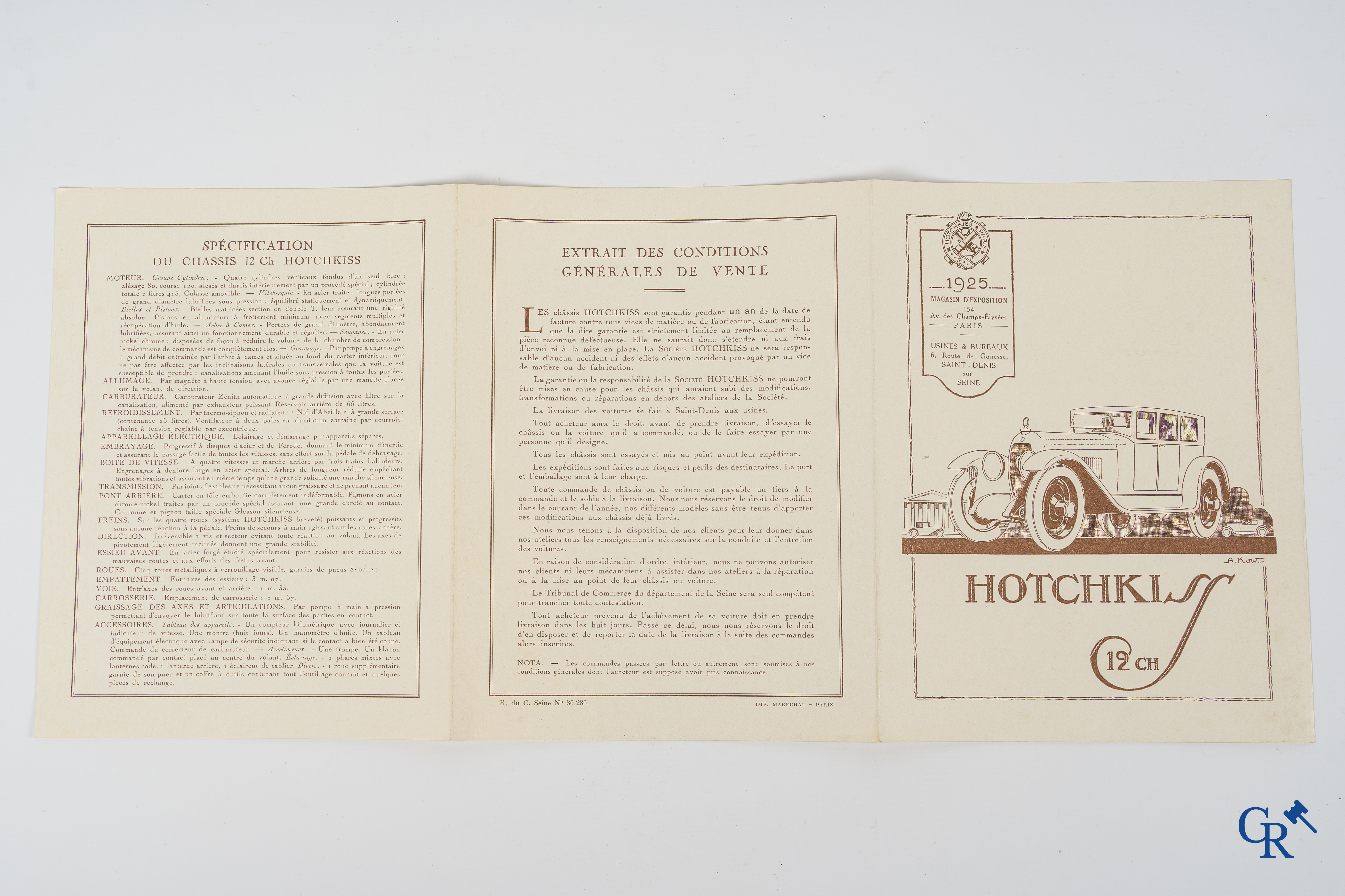 Alexis Kow voor Hotchkiss. Publiciteitsfolder met prijslijst voor de Hotchkiss 12 CH en een embleem. 1925.