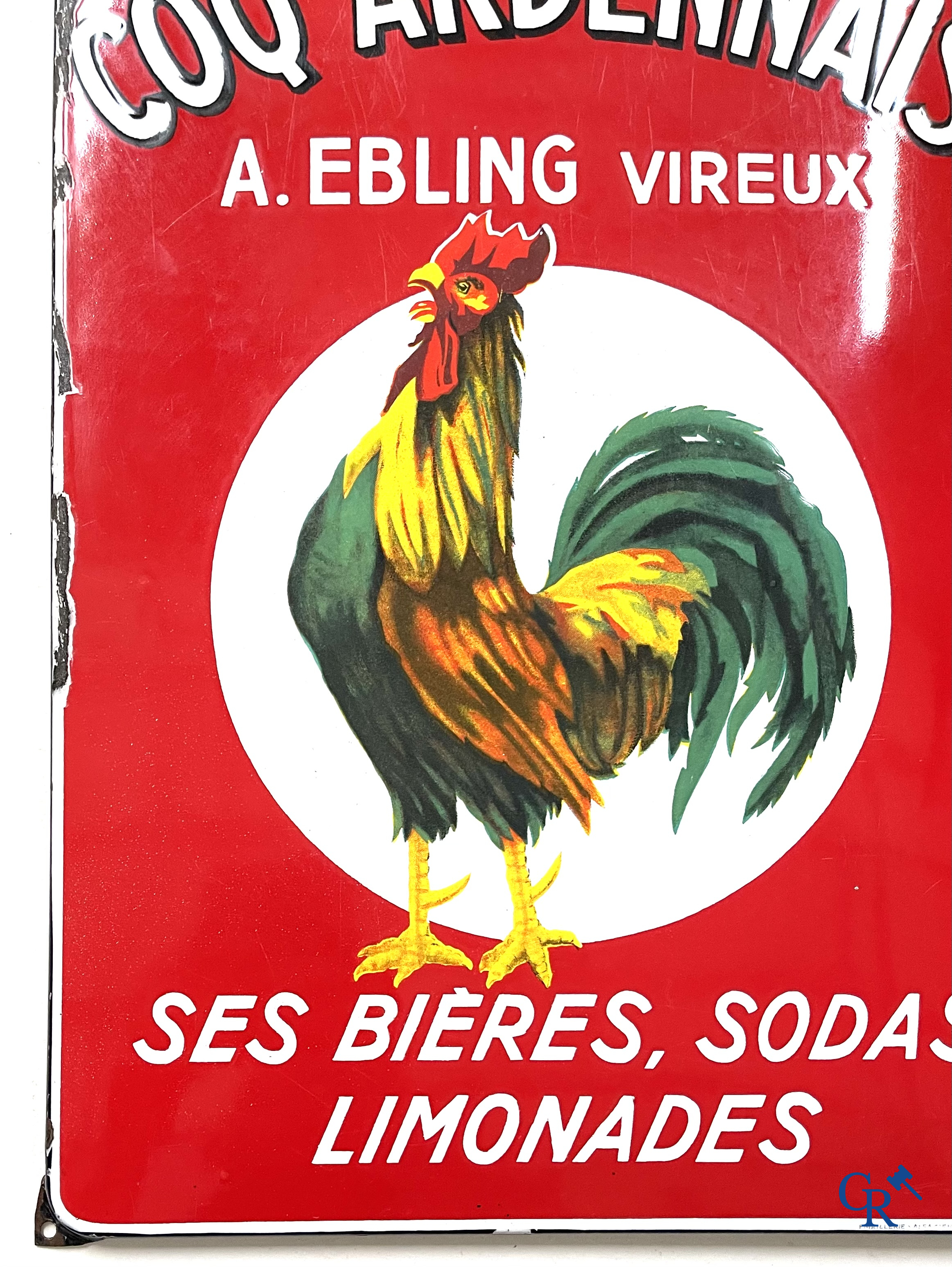 Brasserie du Coq Ardennais, Origineel reclamebord voor bieren, sodas en limonades van brasserie Ebling à Vireux.