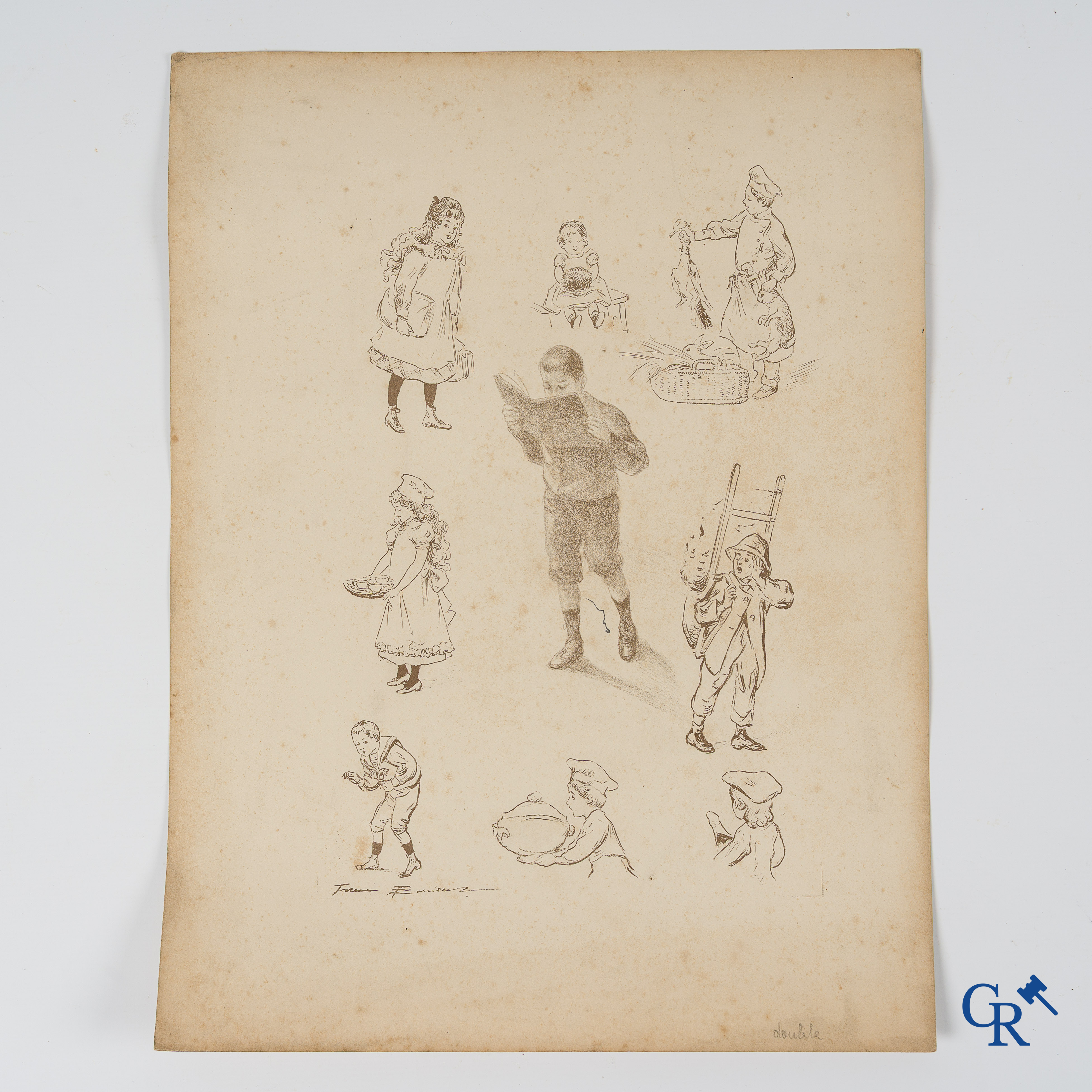 Firmin Bouisset (1859-1925) Lithografische proefdruk met schetsen van Jacques Bouisset en typische onderwerpen.