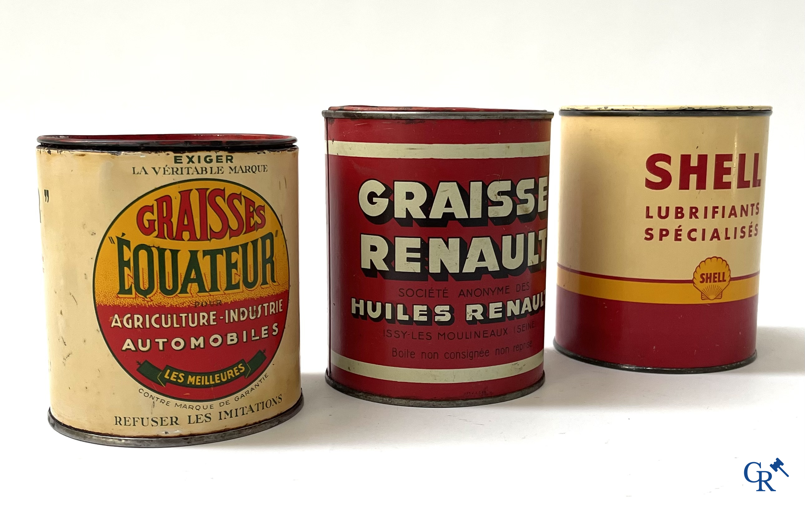 Automobilia. 6 blikken voor autosmering. Graisse Renault, Equateur, Motorine Veedol, Hamelin, Shell. Jaren '50.