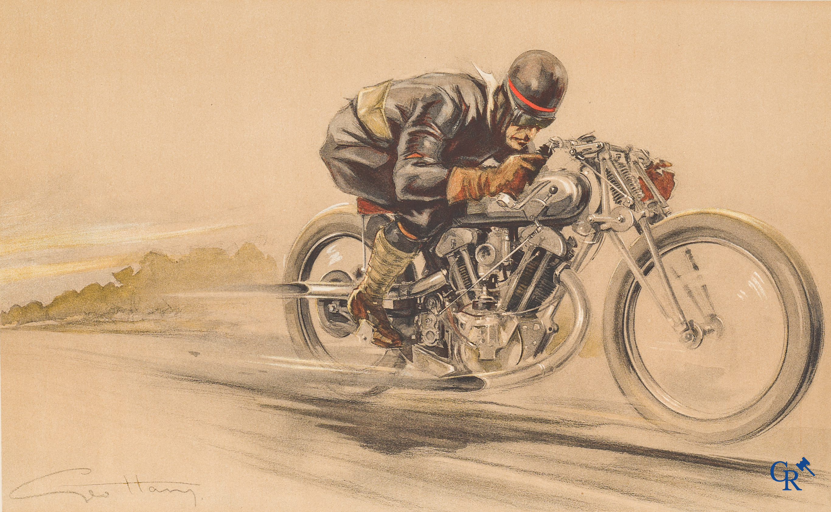Géo Ham, Georges Hamel (1900-1972) Motard à Arpajon. Originele kleuren lithografie.