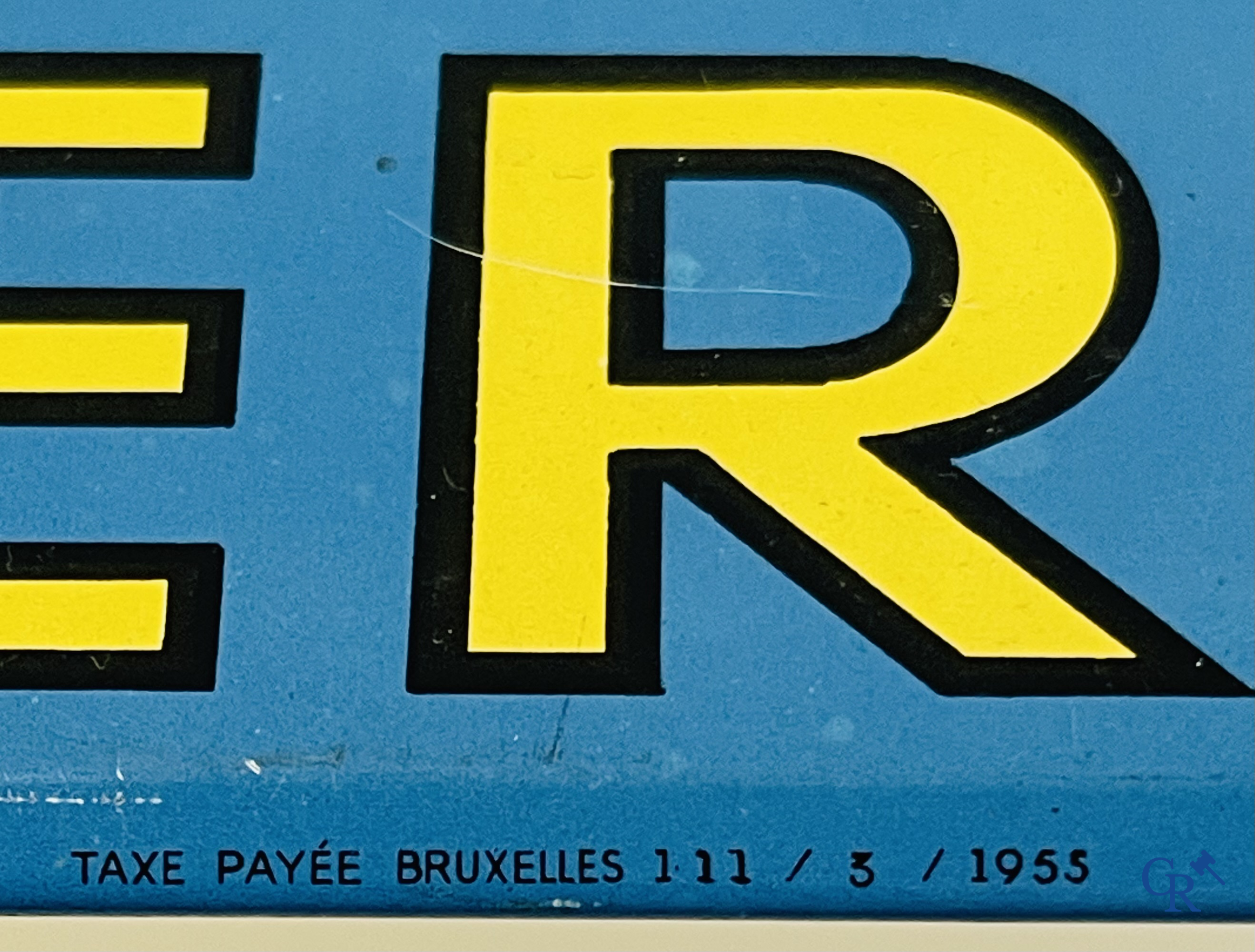 Helder, Reclamebord in bedrukt metaal voor Lamot spuitwater. Taxe payée Bruxelles 111/5/1955.