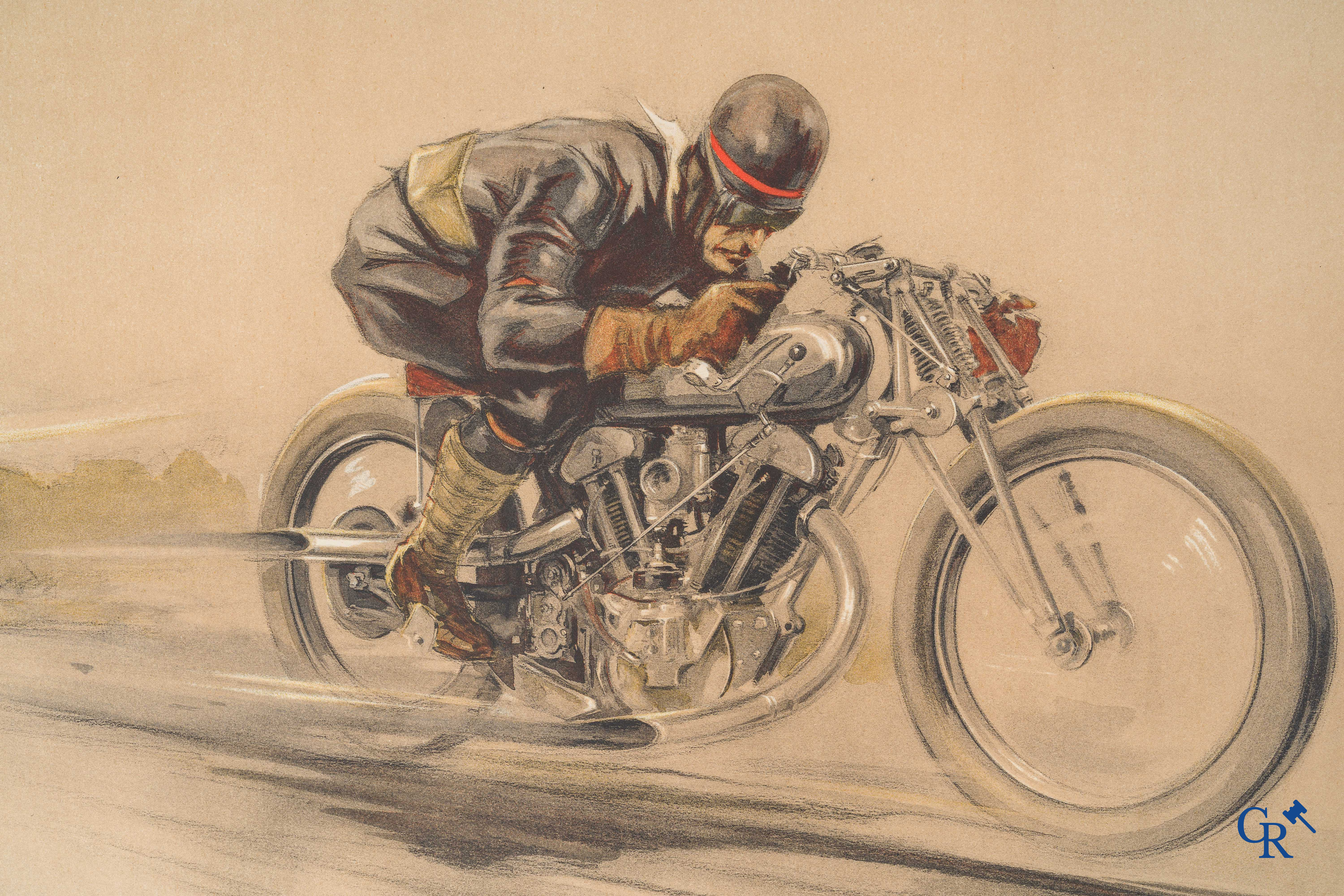Géo Ham, Georges Hamel (1900-1972) Motard à Arpajon. Originele kleuren lithografie.