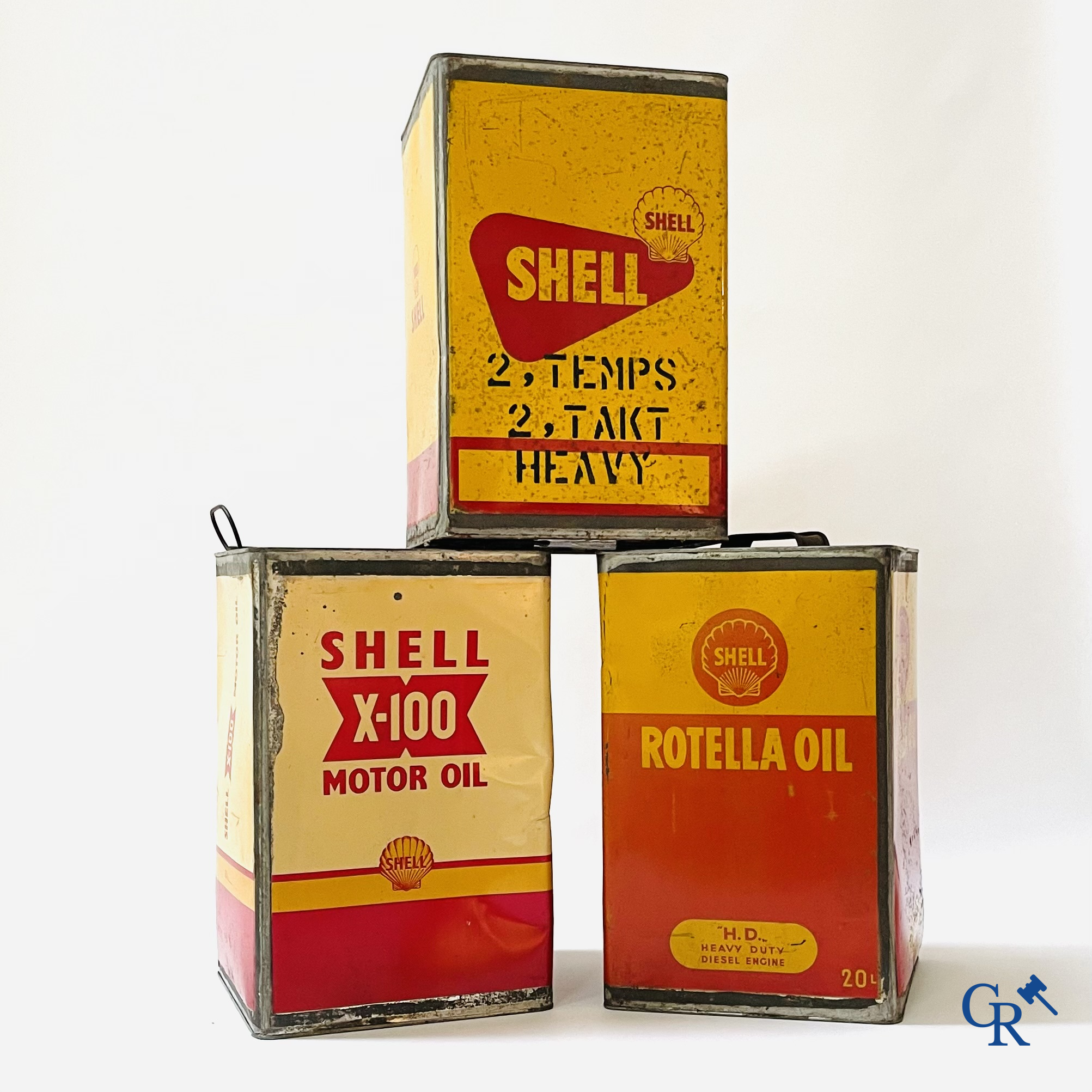 Shell, 3 grote olie blikken, 20L. Shell 2 takt, Rotella Oil, Shell X-100 Motor Oil. Jaren '50.