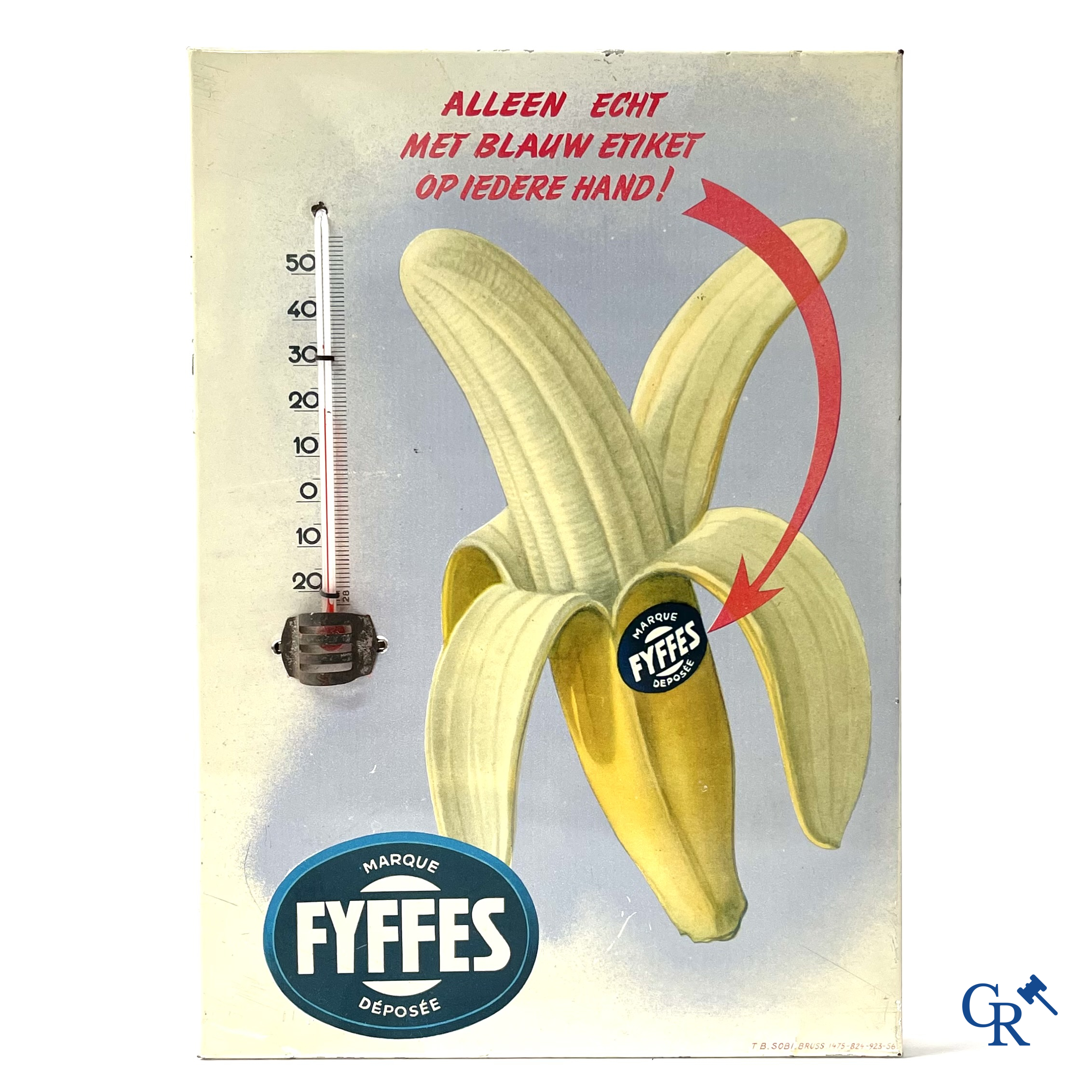 Fyffes, publiciteits thermometer in bedrukt blik voor Fyffes bananen. Sobi Brussel 1956.