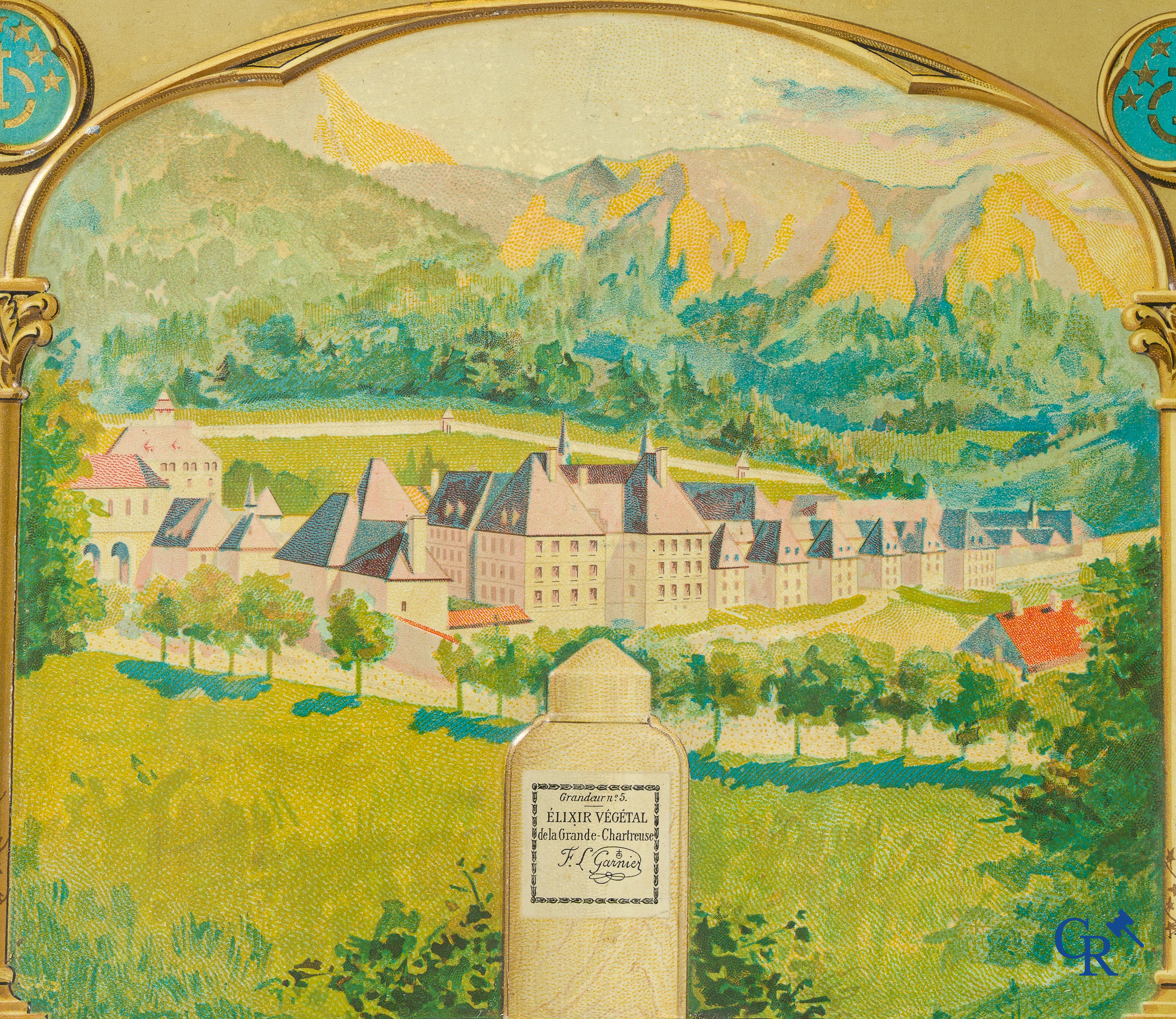 L. Garnier. Publiciteits bord in blik voor de Liqueurs & Elixir de la Grande Chartreuse.