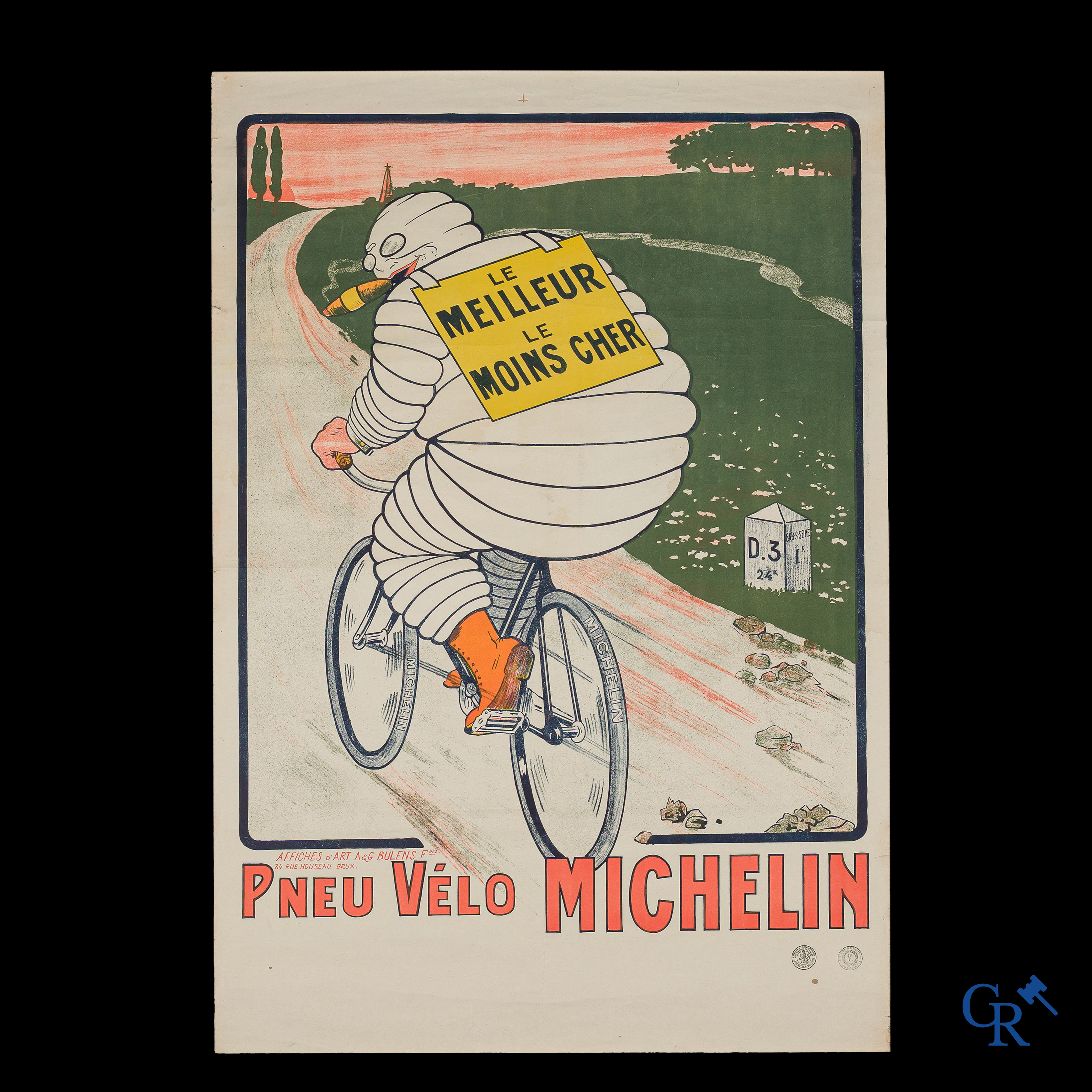 Pneu Vélo Michelin. Affiche voor fietsbanden Michelin. Zeldzame Belgische uitgave. Bulens Frères Bruxelles. Circa 1920.
