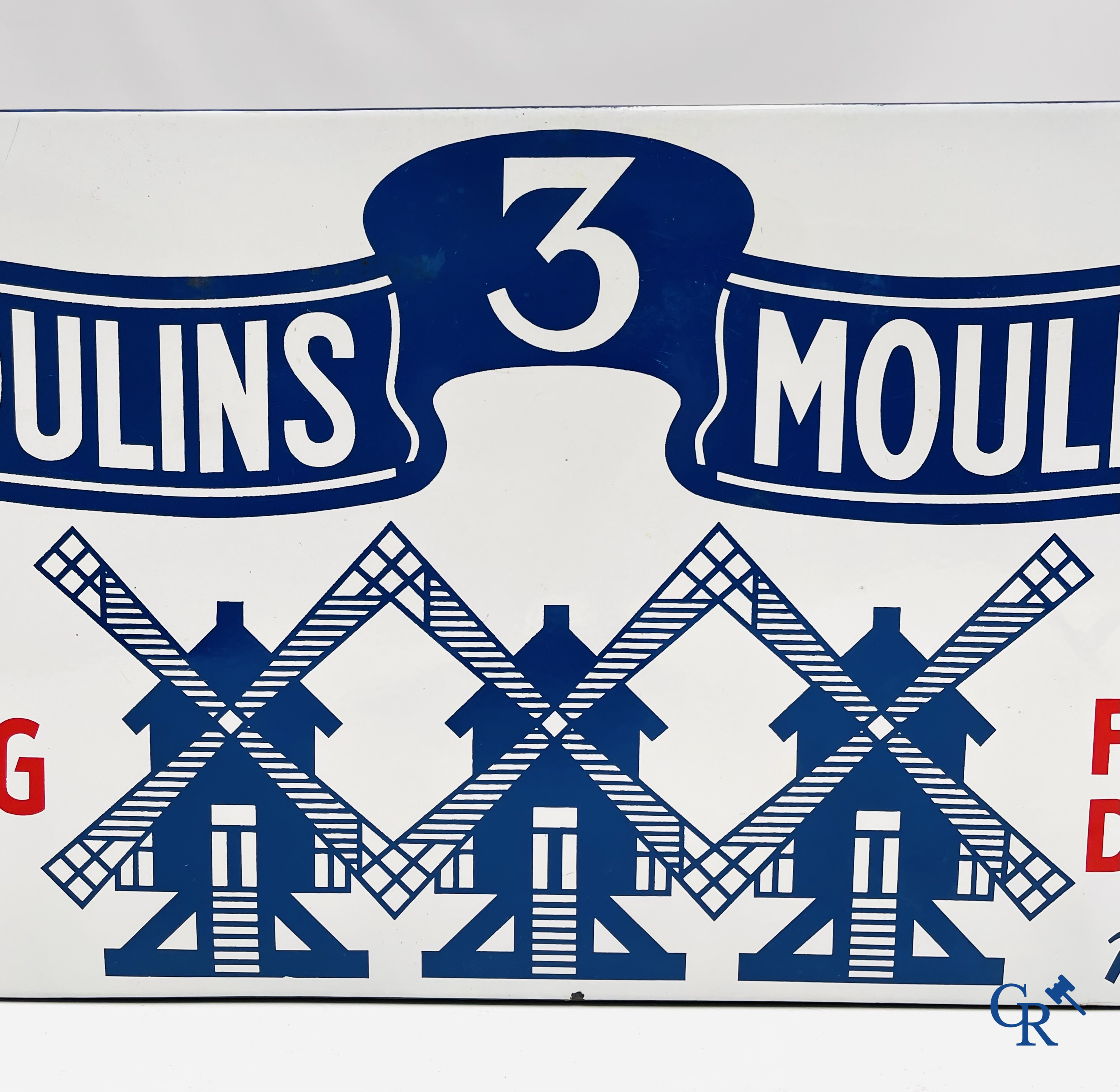 De 3 Molens, emaille reclamebord voor de pudding en havermoutproducten van de Belgische producent Les 3 Moulins.